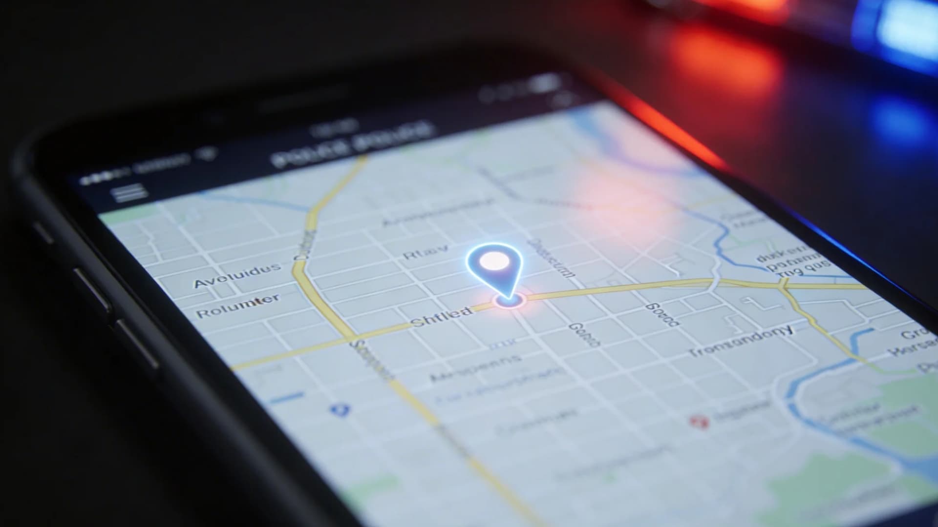A close-up of a smartphone showing a map with a blinking location pin, dark background, subtle police lights reflecting