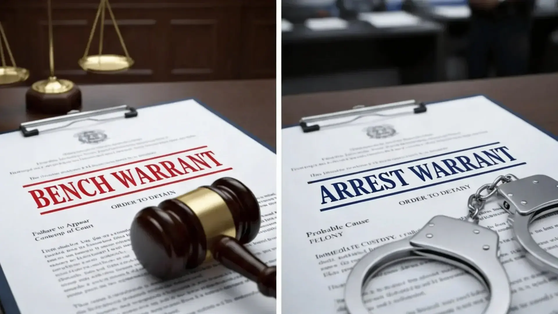A collage featuring a legal gavel, a bench warrant document, and an arrest warrant paired with metal handcuffs