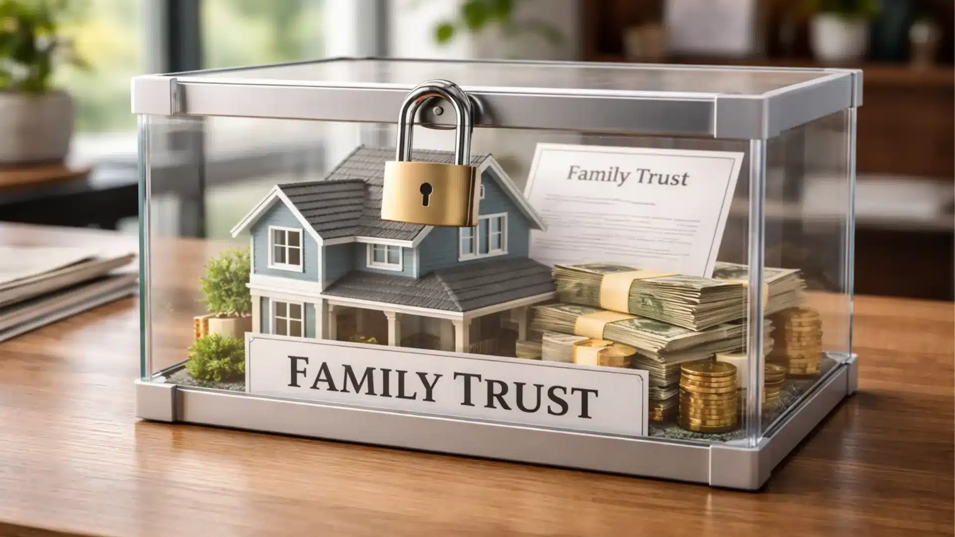A conceptual image of a locked glass box labeled _FAMILY TRUST_ containing a model house, cash, and legal documents.