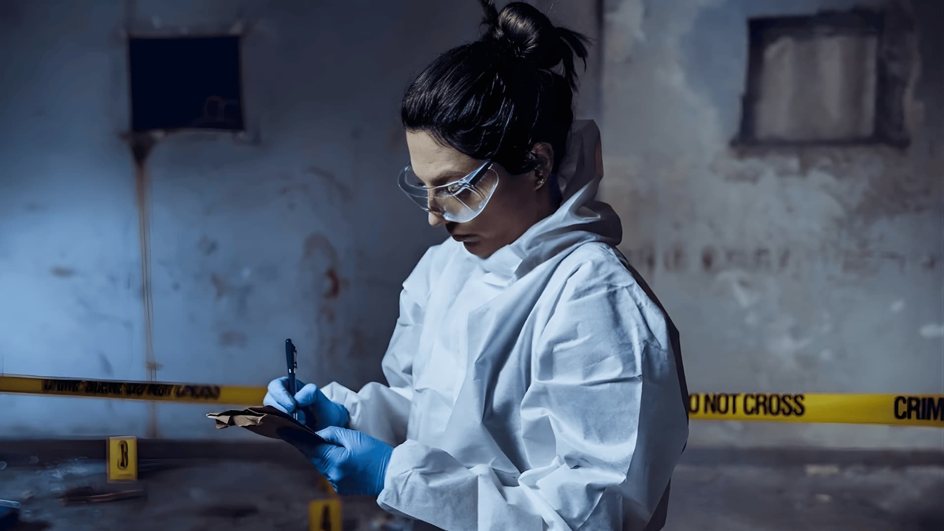 A criminologist writes down notes at a crime scene
