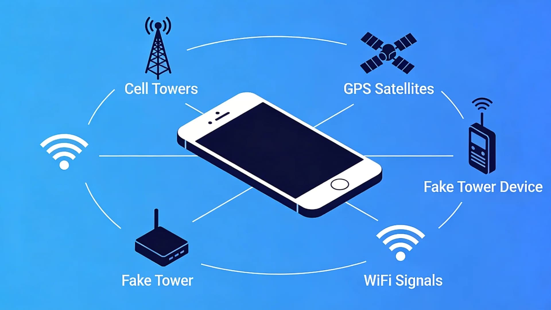 A detailed illustrated infographic showing how police track a phone, including cell towers, GPS satellites, a fake tower device, WiFi signals, and a smartphone at the center