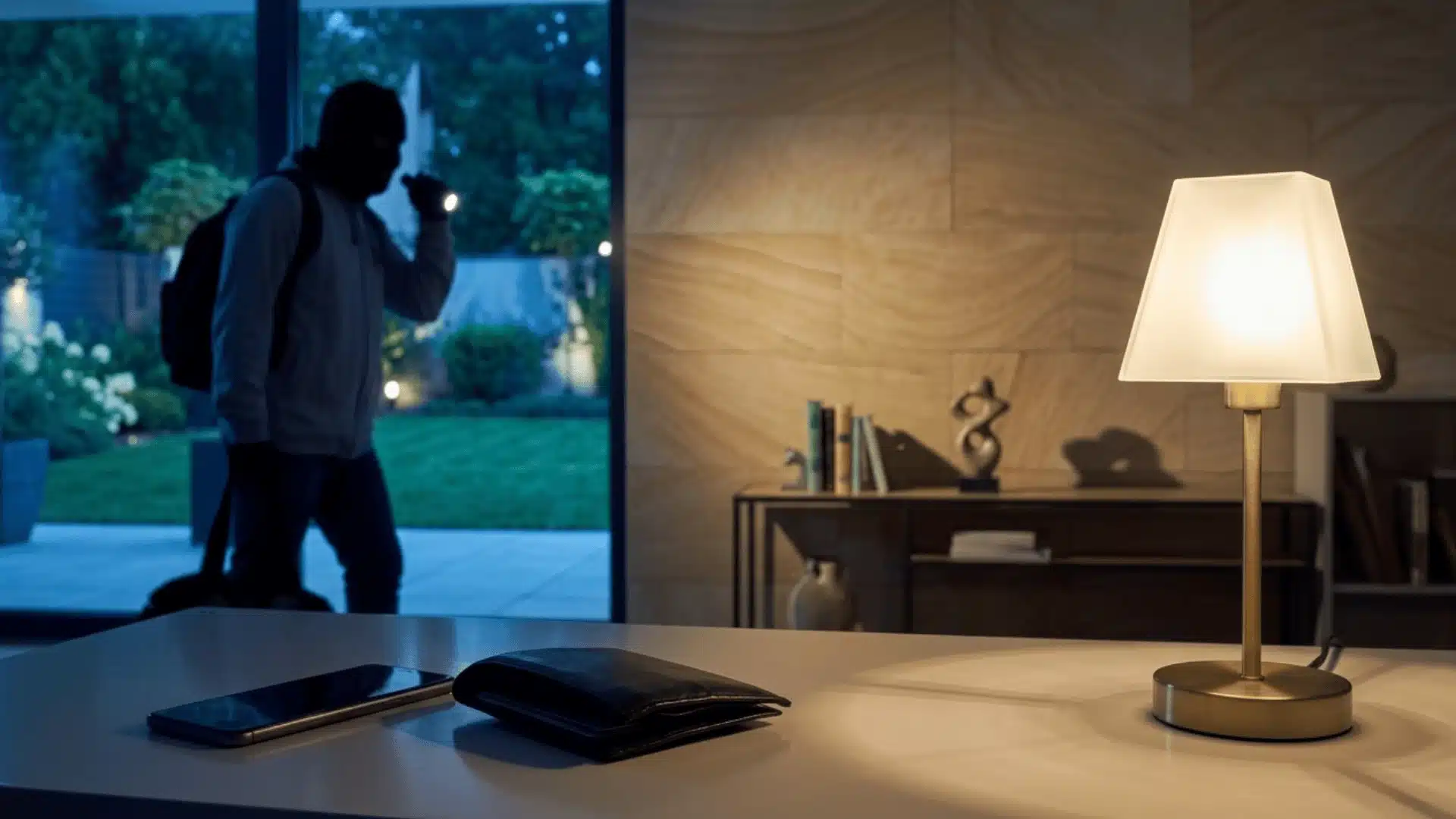 A dimly lit room showing a wallet and phone on a table, with a burglar in the background and a small glowing lamp