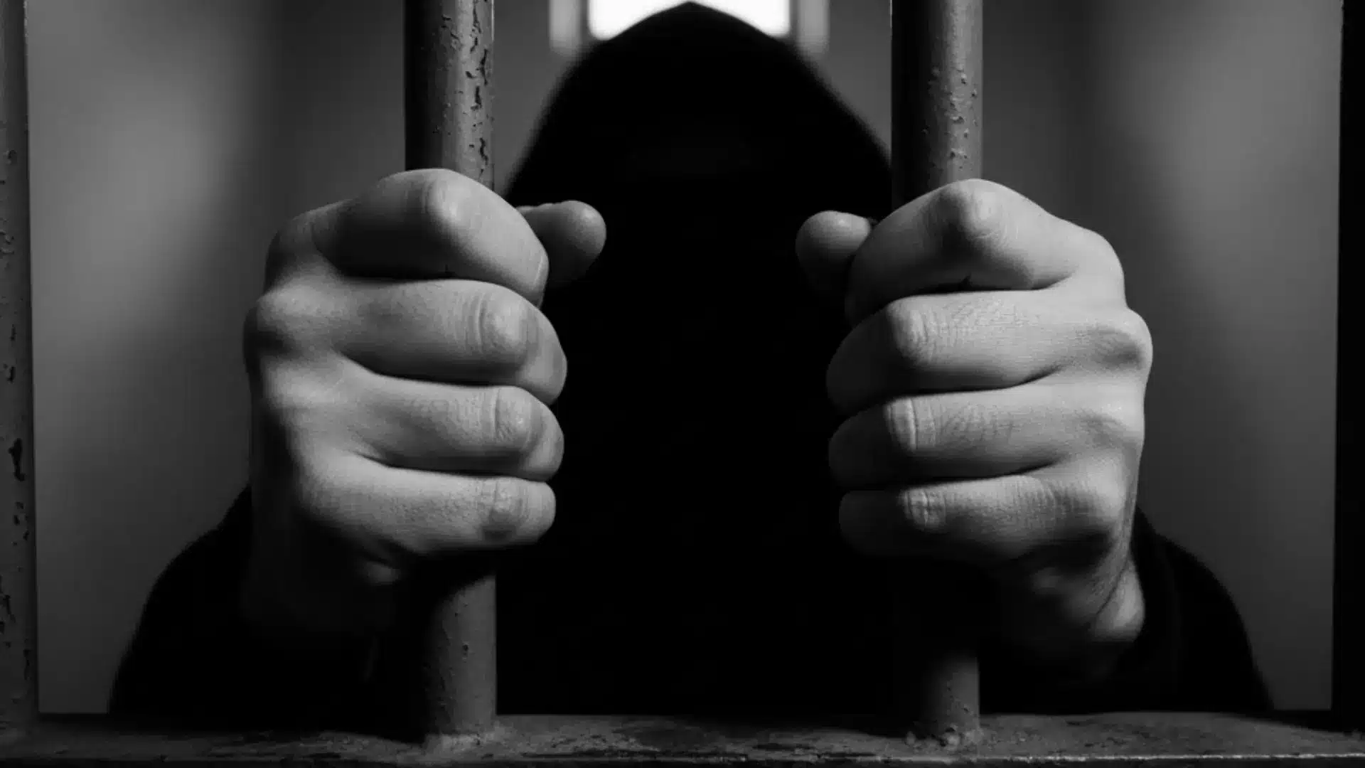 A figure in a hooded cloak grips prison bars tightly, only hands visible. The image has a somber tone, emphasizing confinement and isolation