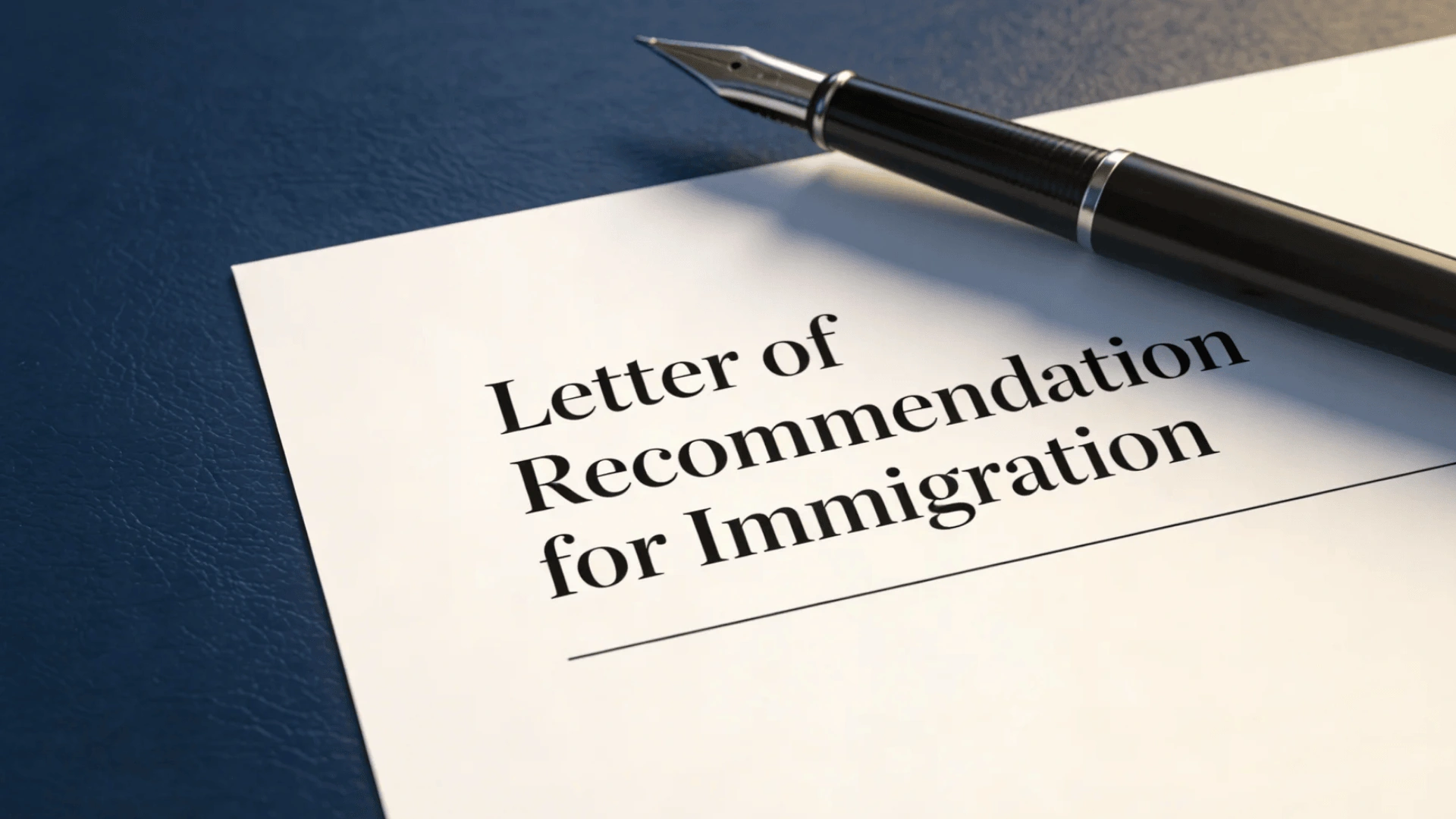 A fountain pen resting on a Letter of Recommendation for Immigration document placed on a navy blue leather folder