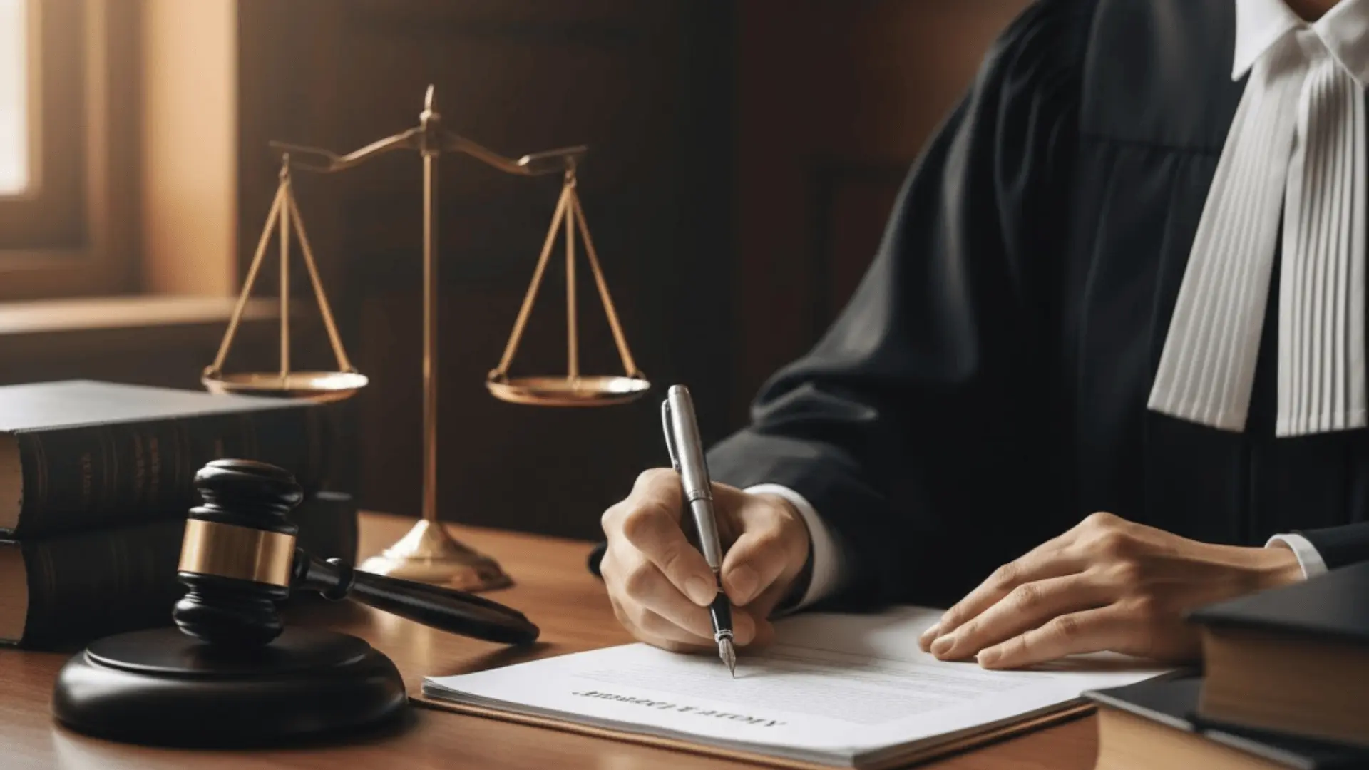A judge in robes writing on a document at a wooden desk with a gavel, scales of justice, and law books nearby.