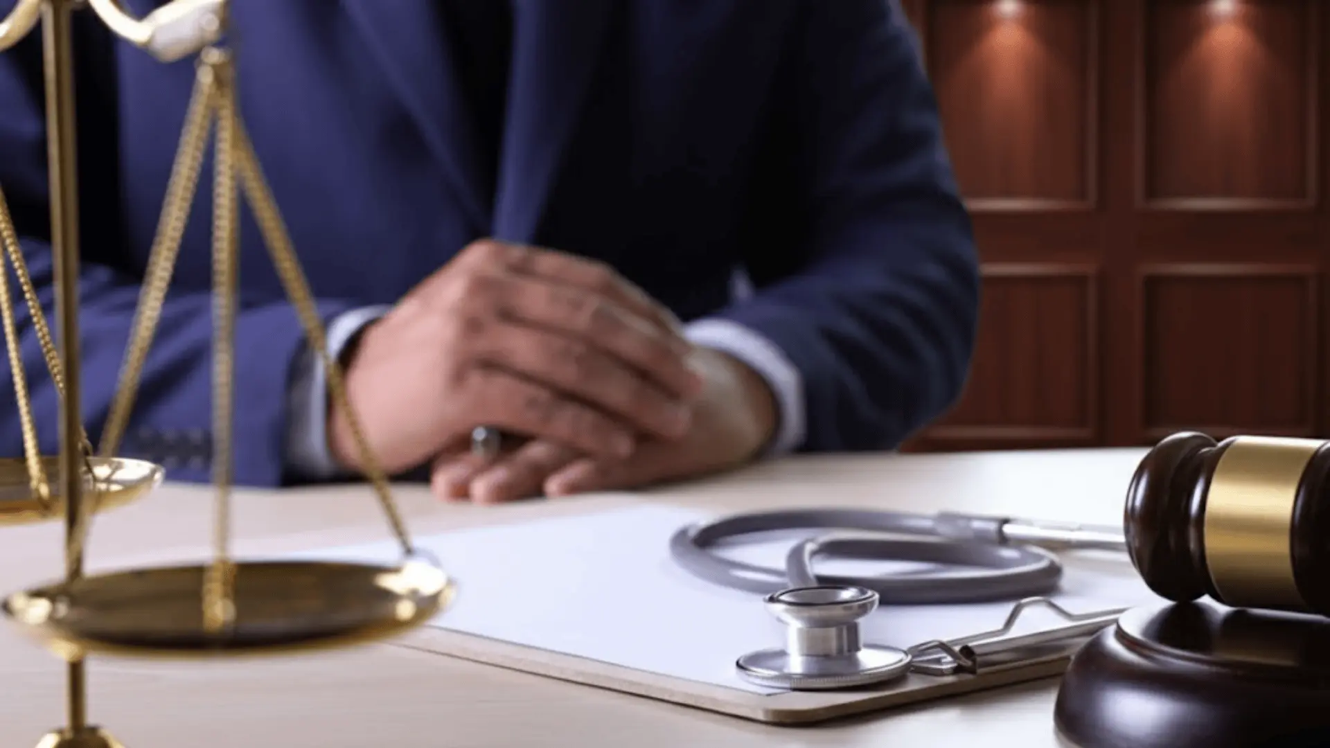A lawyer in a blue suit sits at a desk featuring a stethoscope, a clipboard, and a gold scale of justice
