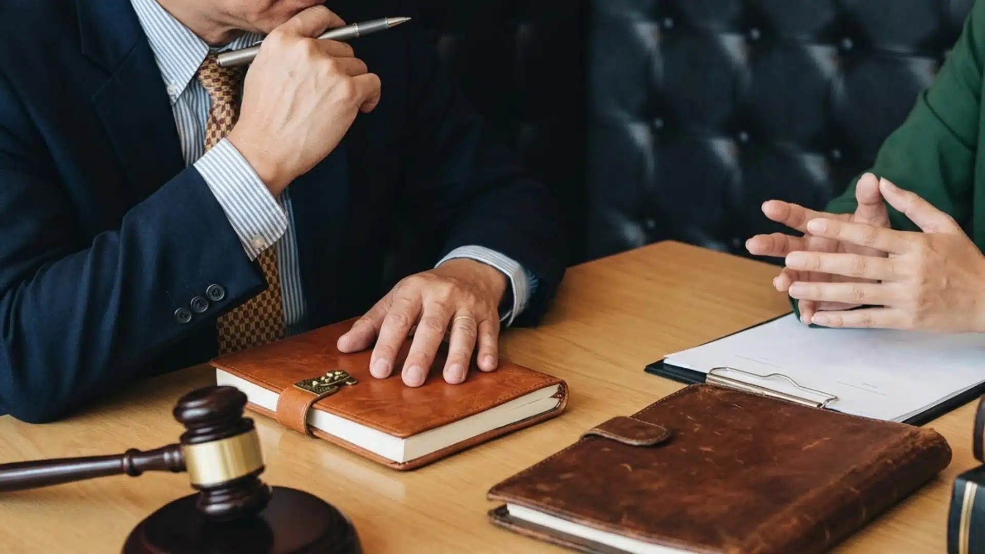 A lawyer in a navy suit and a client in green discuss legal matters over books and a wooden gavel on a desk