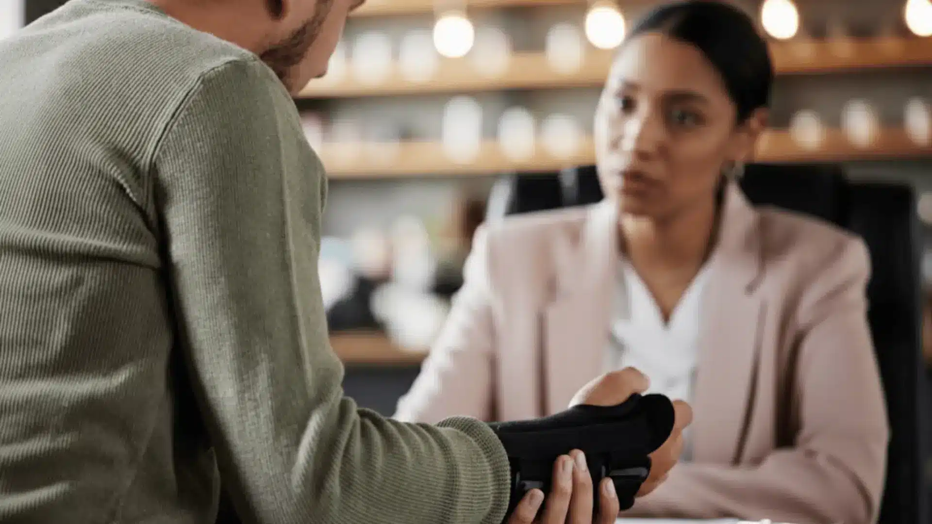 A person in a green sweater with a wrist brace talks to another person in a pink blazer, who listens attentively. The setting is a warmly lit office