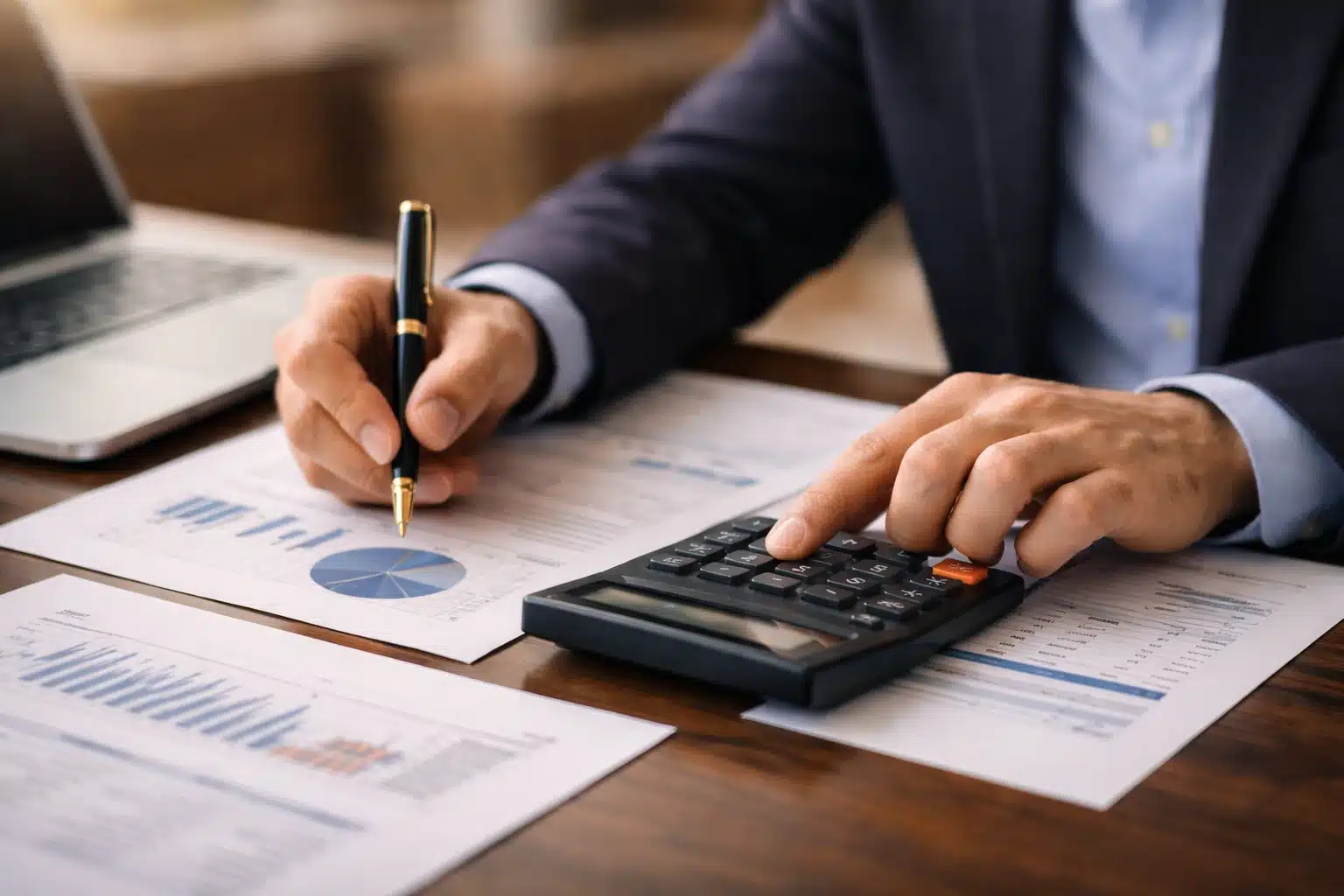 A person in a suit uses a calculator and a gold-trimmed pen to review financial charts and data on a wooden desk.