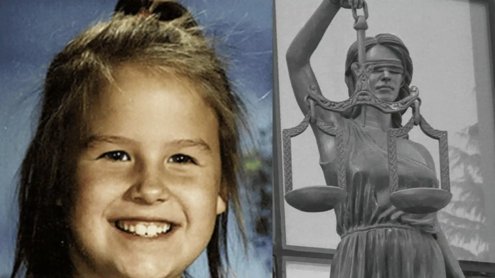 A portrait of Megan and Lady Justice statue representing child safety and sex offender registration laws