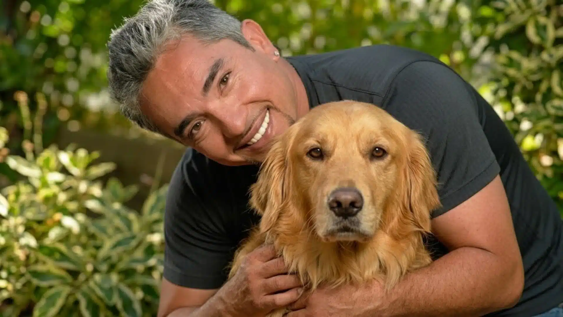 A portrait of a smiling man with a grey coif hugging a golden retriever in a garden