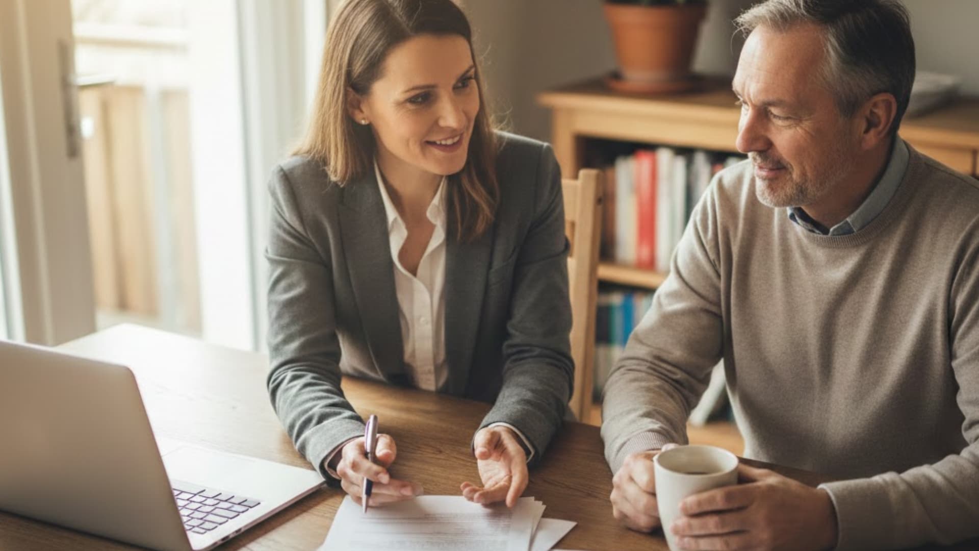 A real estate agent explains documents to a homeowner at a sunlit dining table