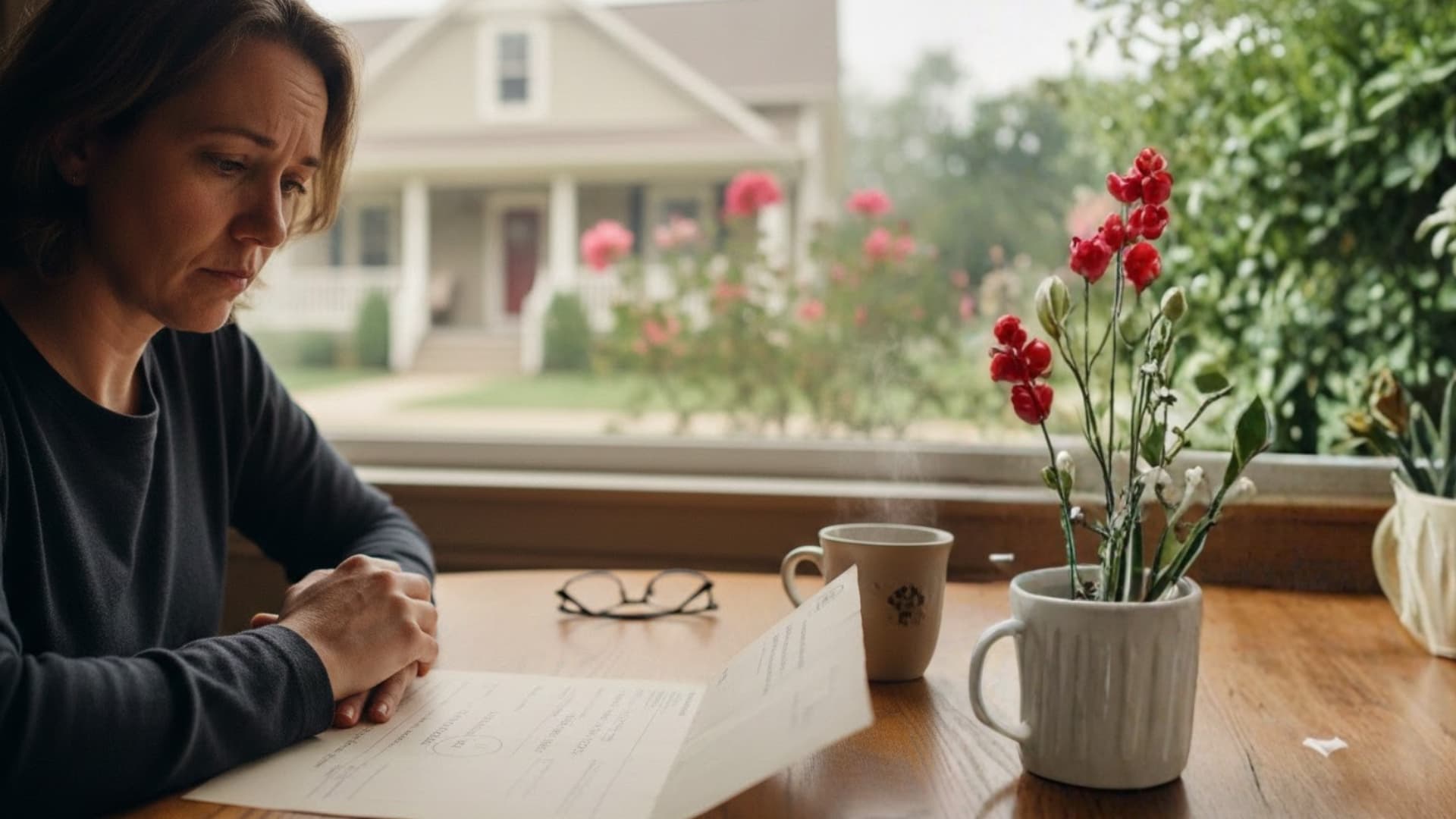 A reflective woman reviews a property deed at a table, with a blurred house background