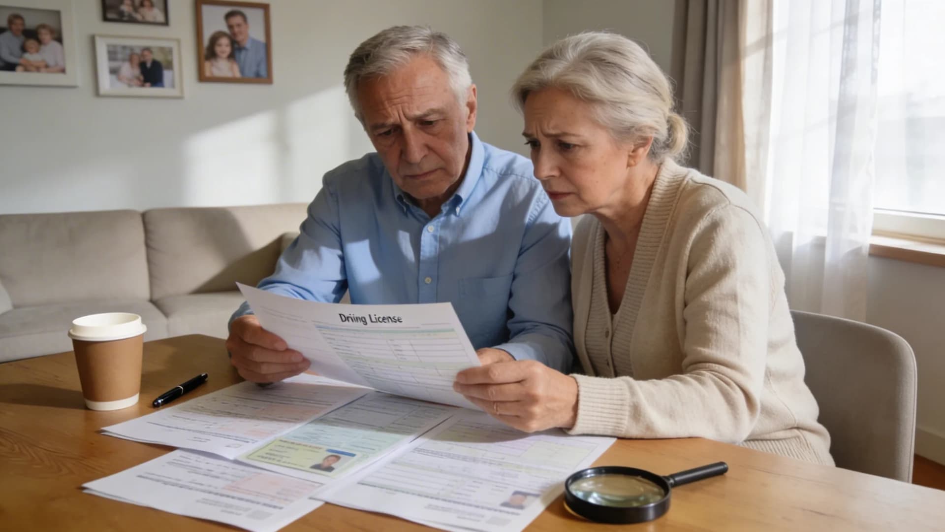 A senior man and woman reviewing driving license documents at home, natural lighting