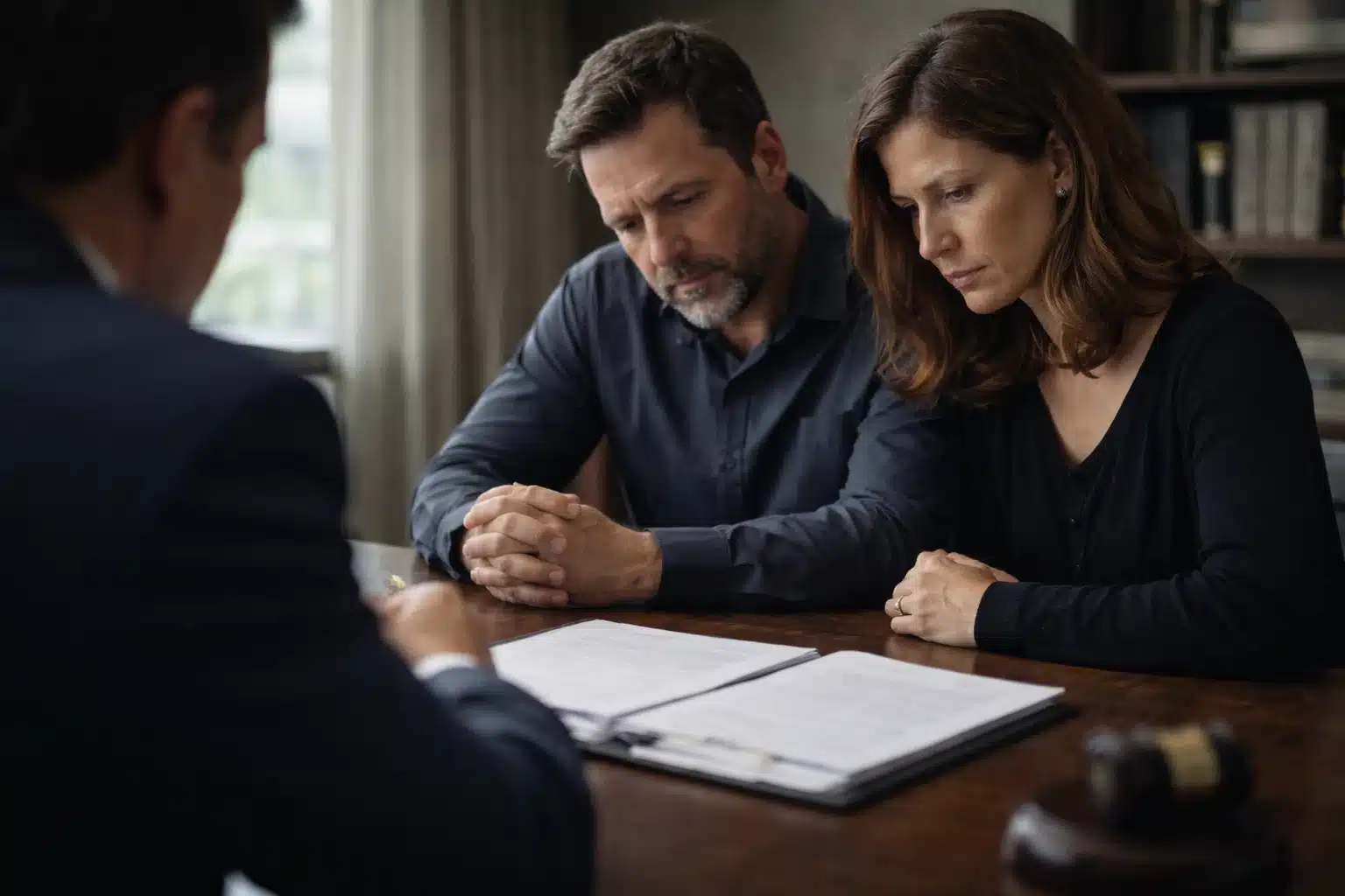 A serious-looking couple sits at a desk reviewing legal documents across from a lawyer