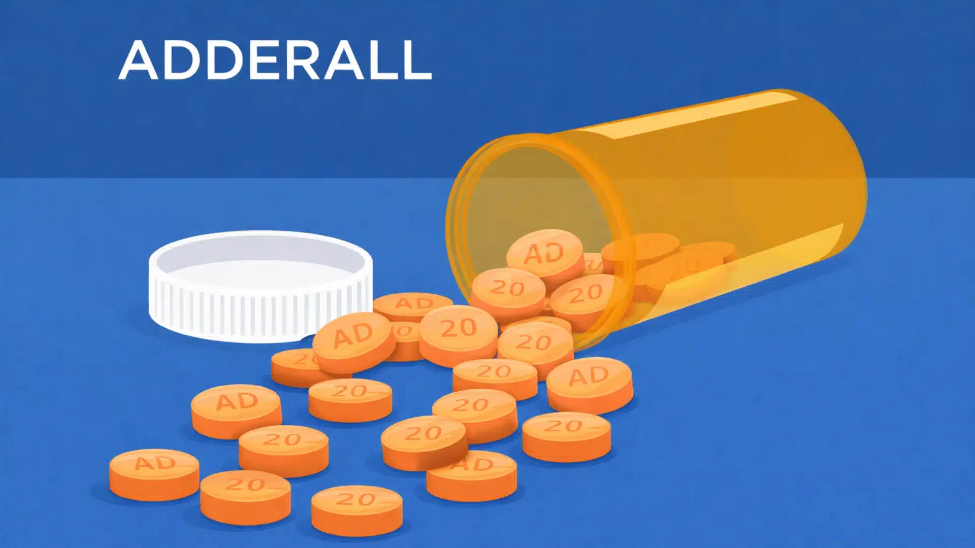 Adderall tablets spilling from pill bottle with AD 20 engraving on orange pills over blue background