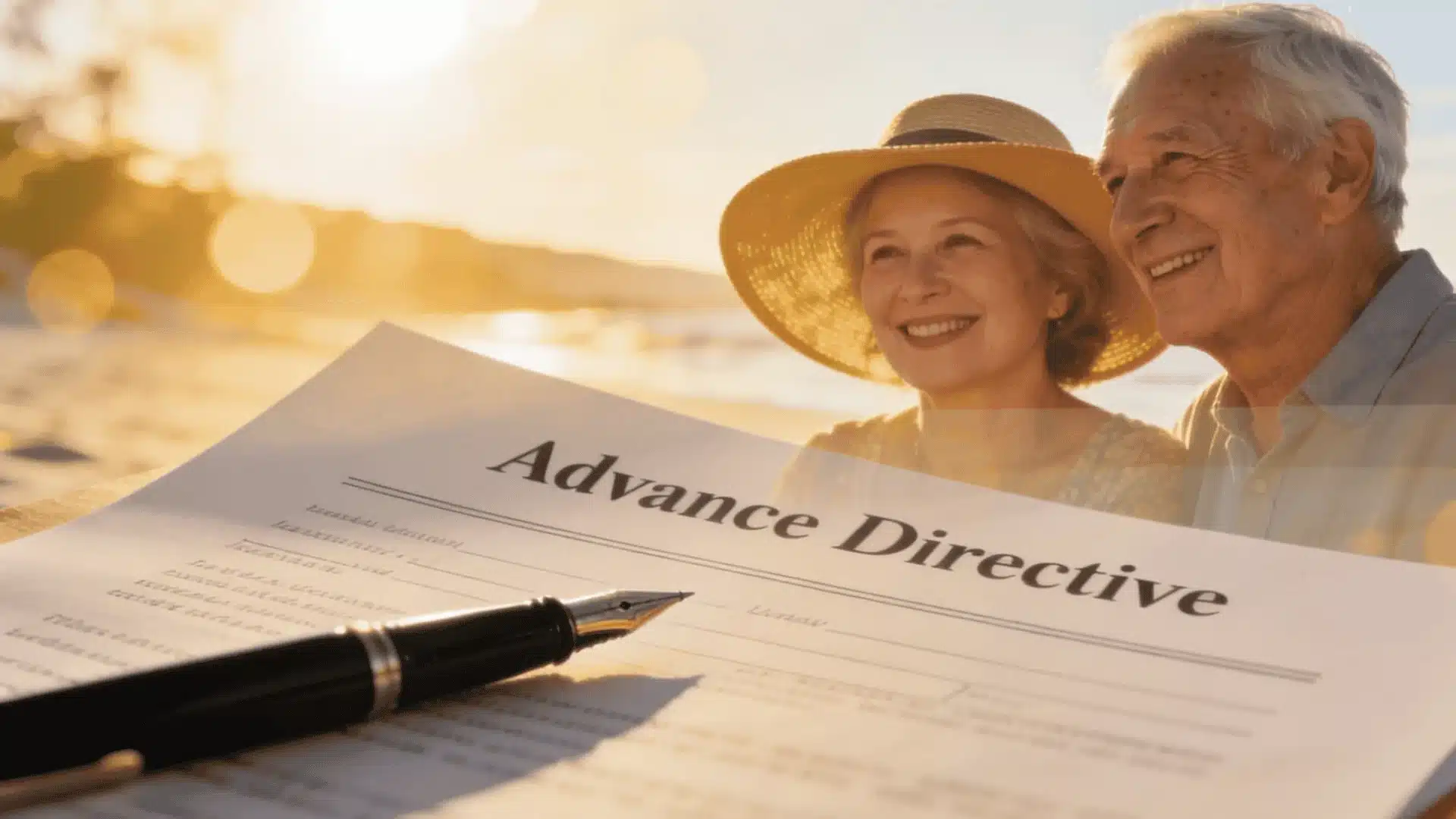 Advance directive document with pen and elderly couple, representing living will planning and healthcare decision making