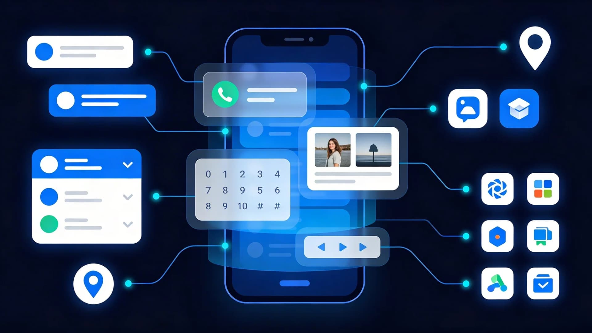 An illustrated smartphone with multiple data layers expanding outward, showing messages, call logs, photos, location pins, and app icons, connected with glowing lines