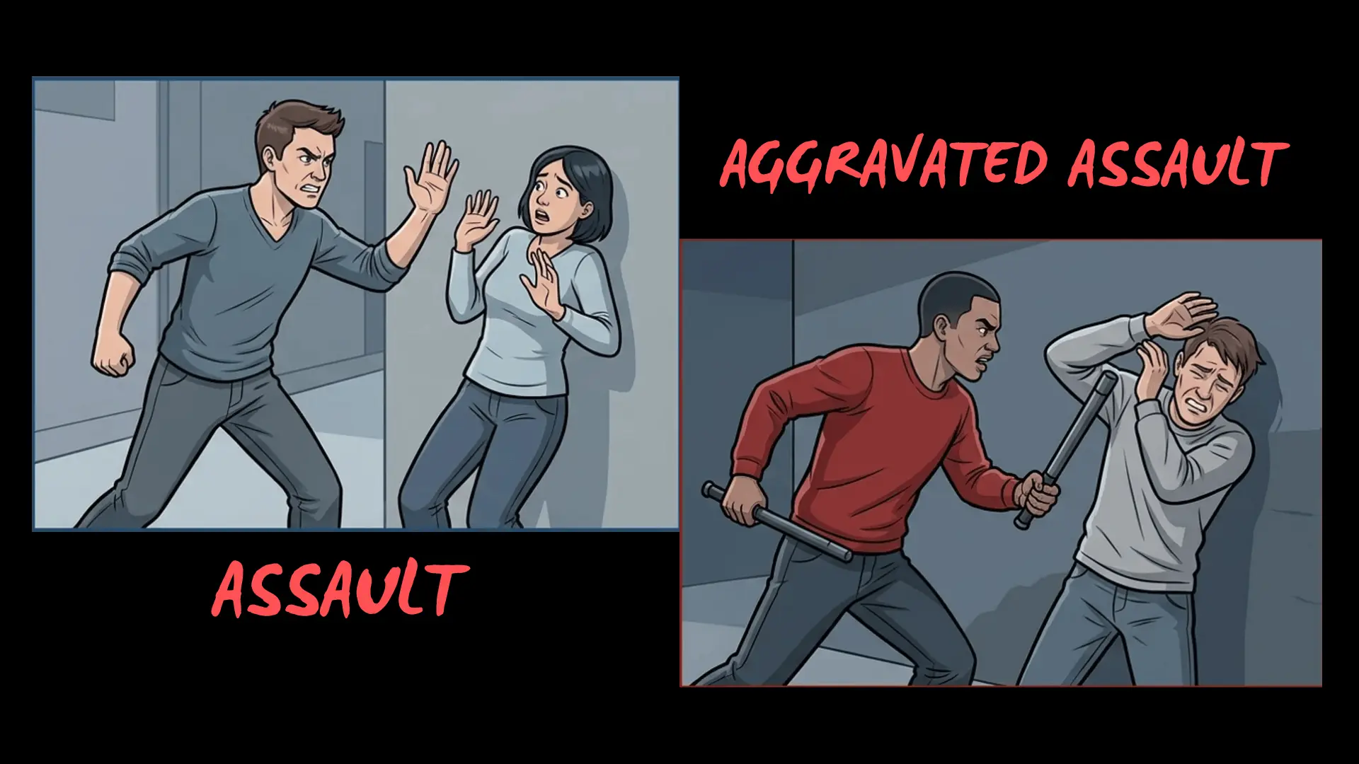 Assault vs aggravated assault illustration showing threat without weapon versus attack with metal rod causing serious harm