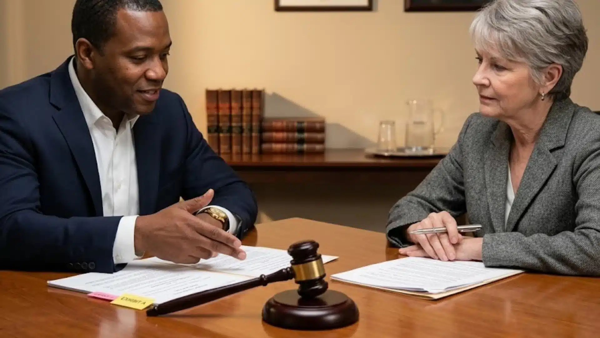 Attorney explaining legal documents to a client across desk with gavel and paperwork in office setting