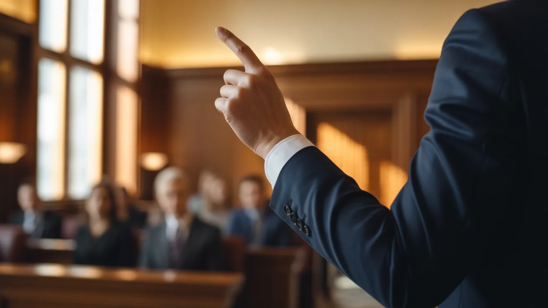 Attorney gesturing with raised hand while addressing jury inside a sunlit courtroom during trial.