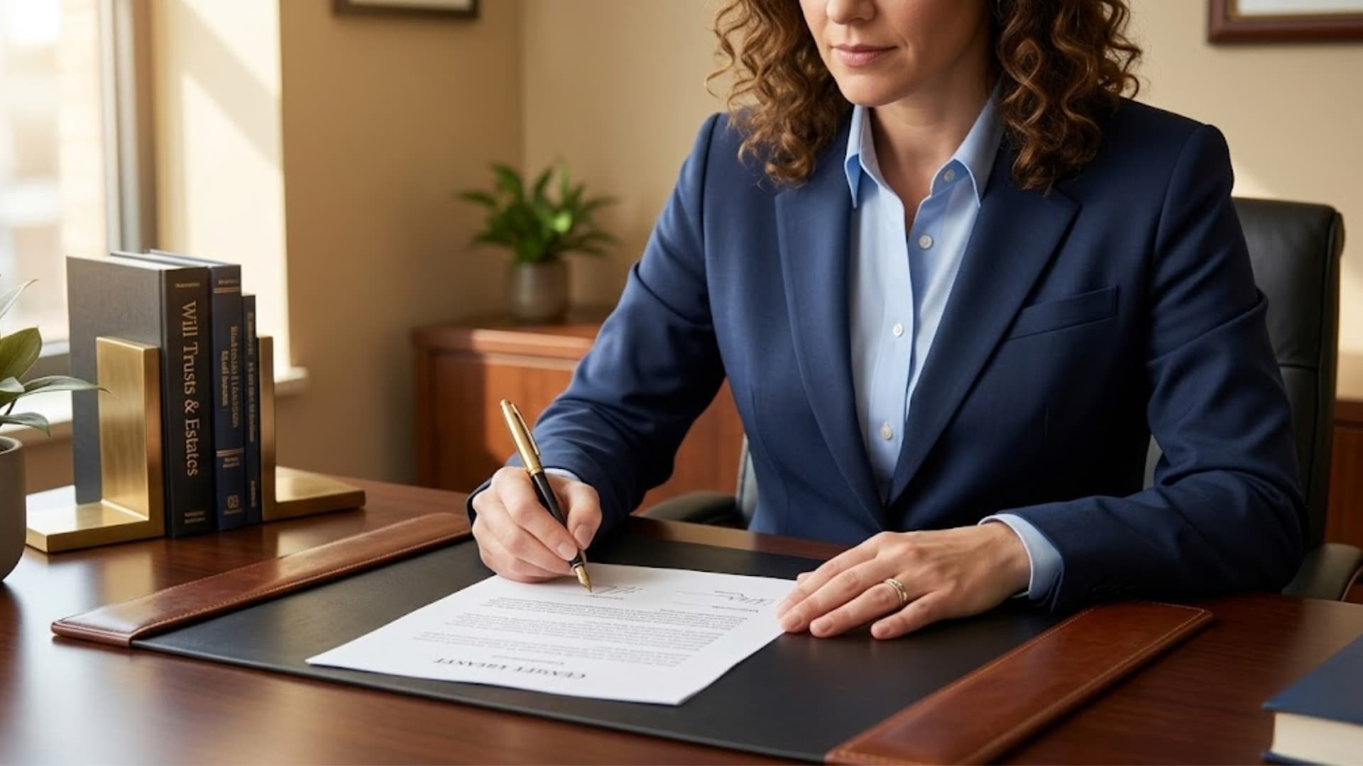 Attorney reviewing and signing legal will document at desk, representing estate planning and probate process