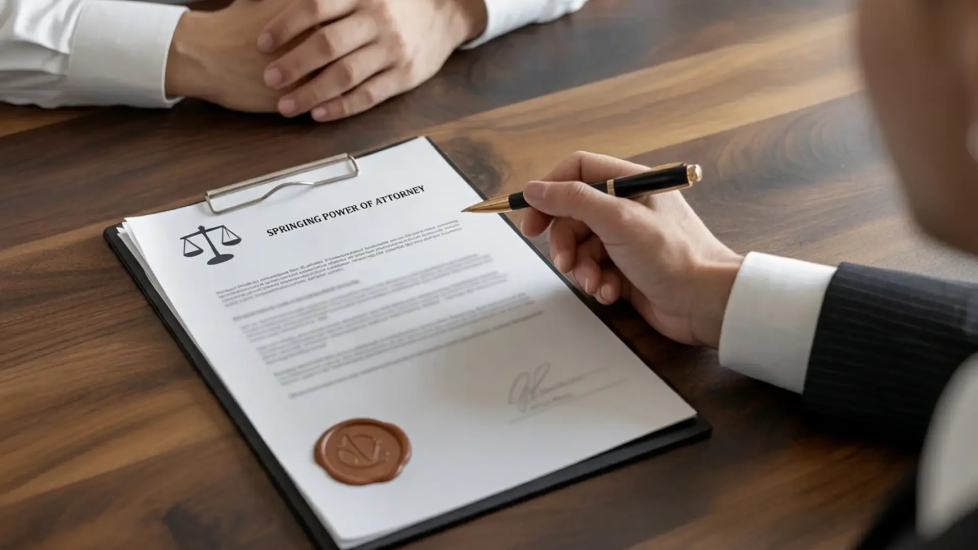 Attorney reviewing springing power of attorney document on desk with client signing paperwork