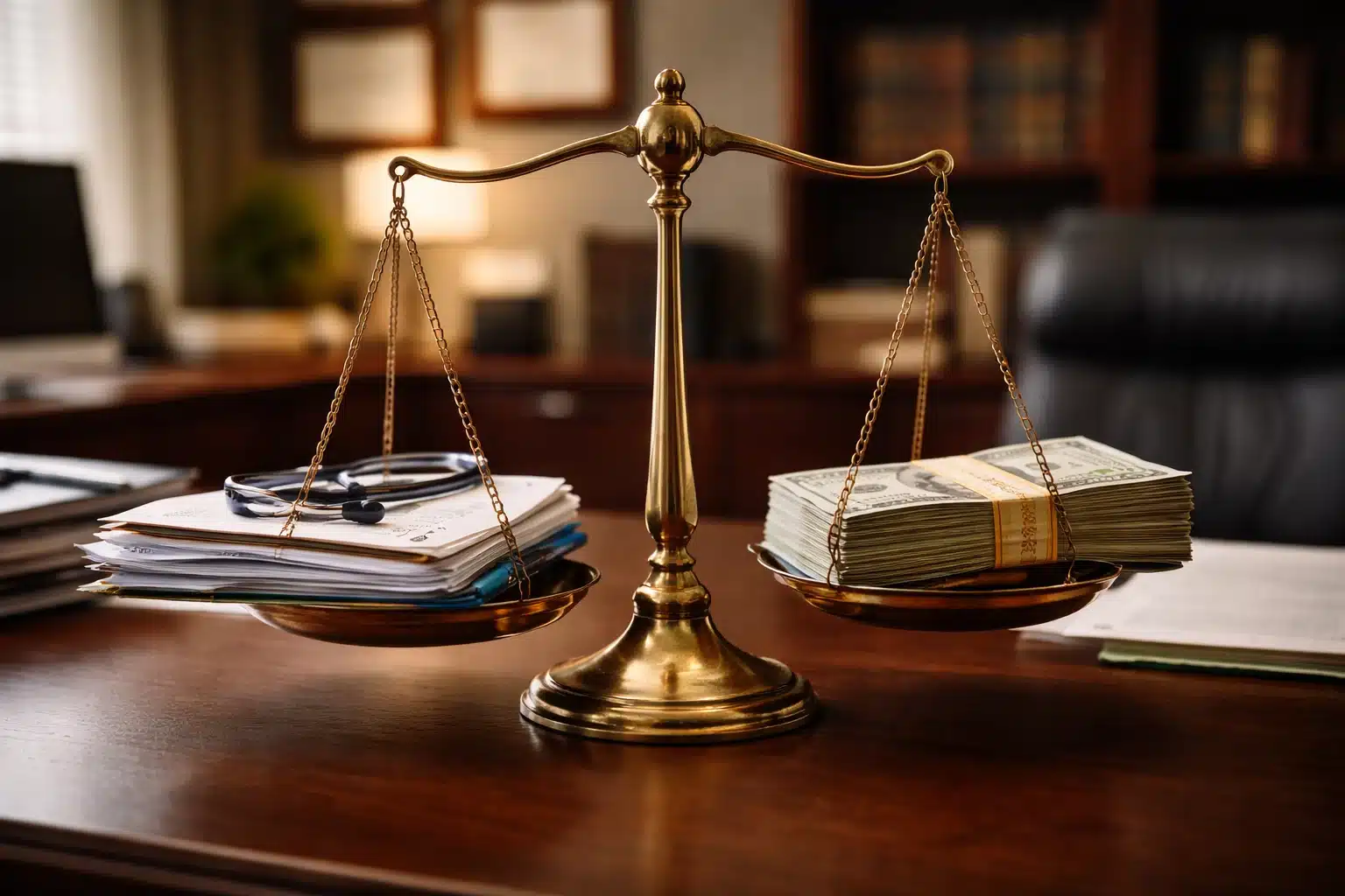 Brass scale with records and money