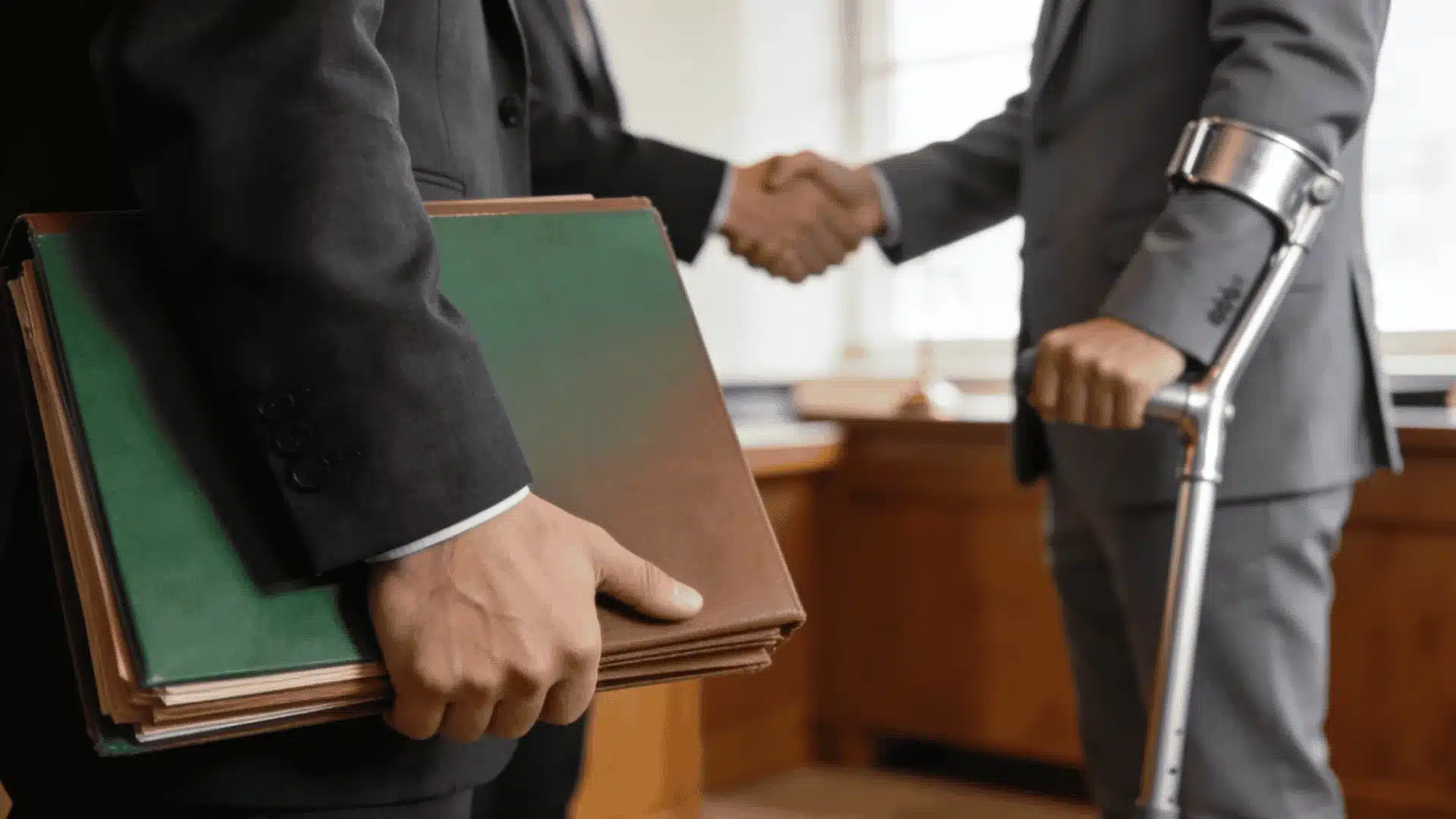 Business handshake between attorney and client with crutch in office while legal files are held in foreground