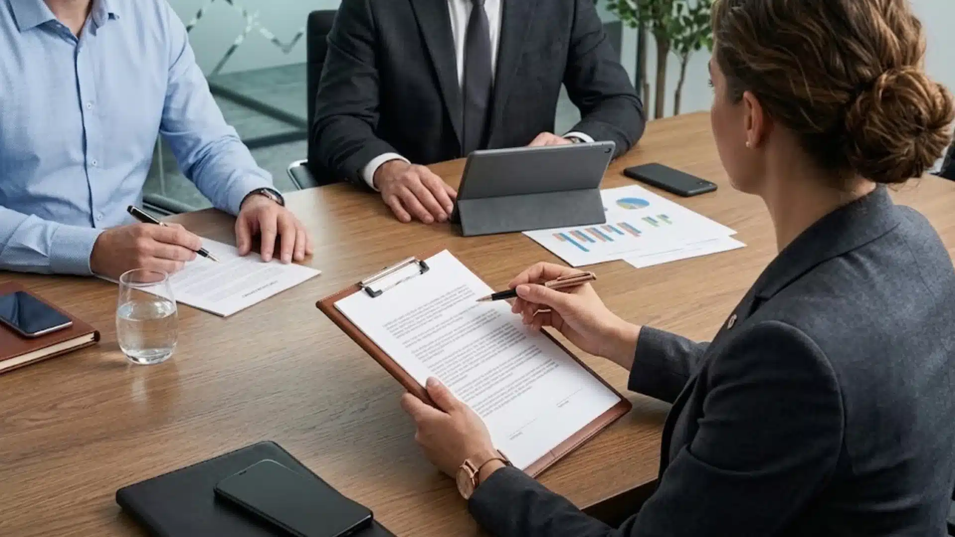 Business professionals reviewing and signing a contract during a formal meeting with documents and tablet on table