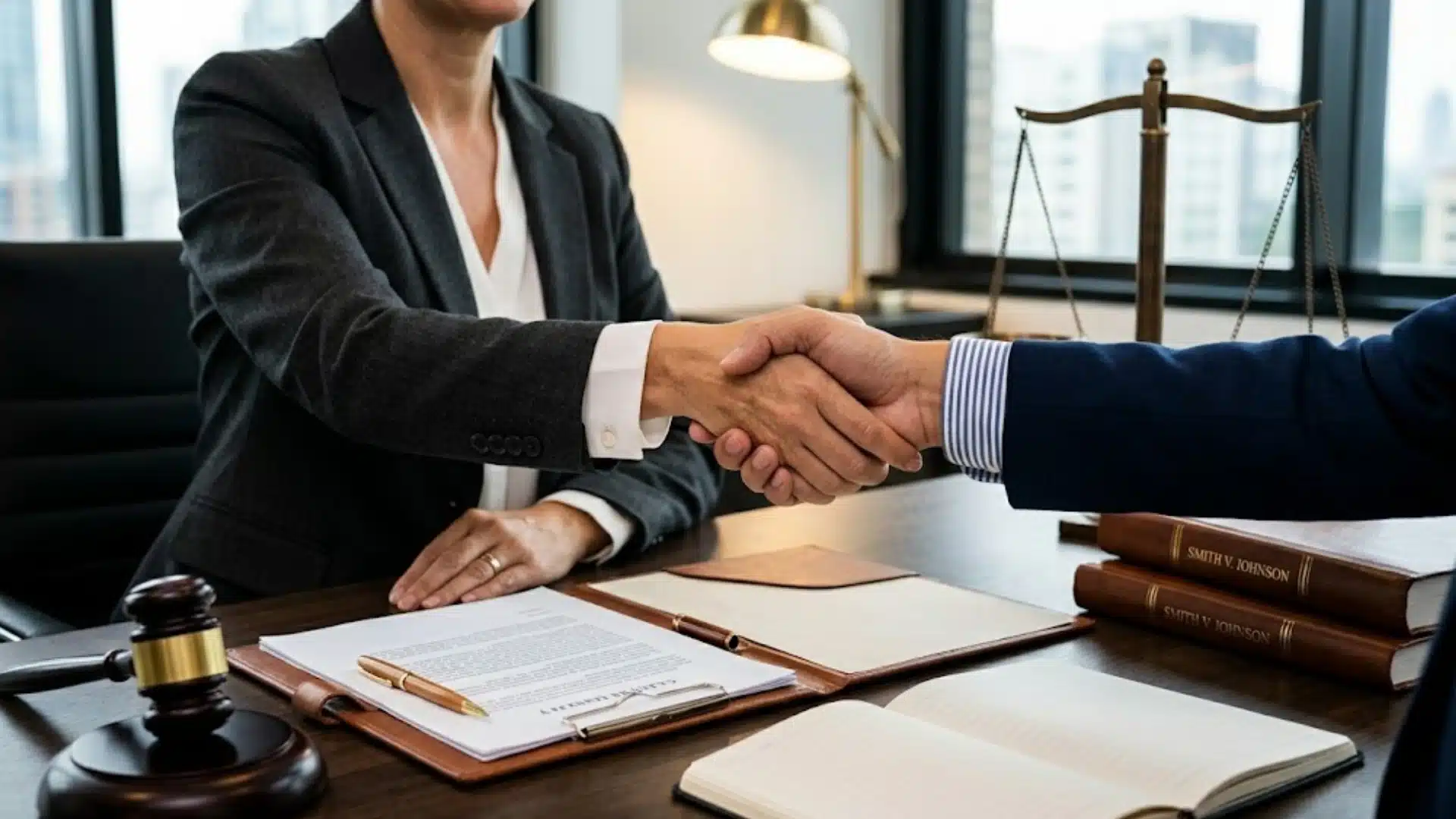 Business professionals shaking hands over legal documents in an office with law books, gavel, and scales in background
