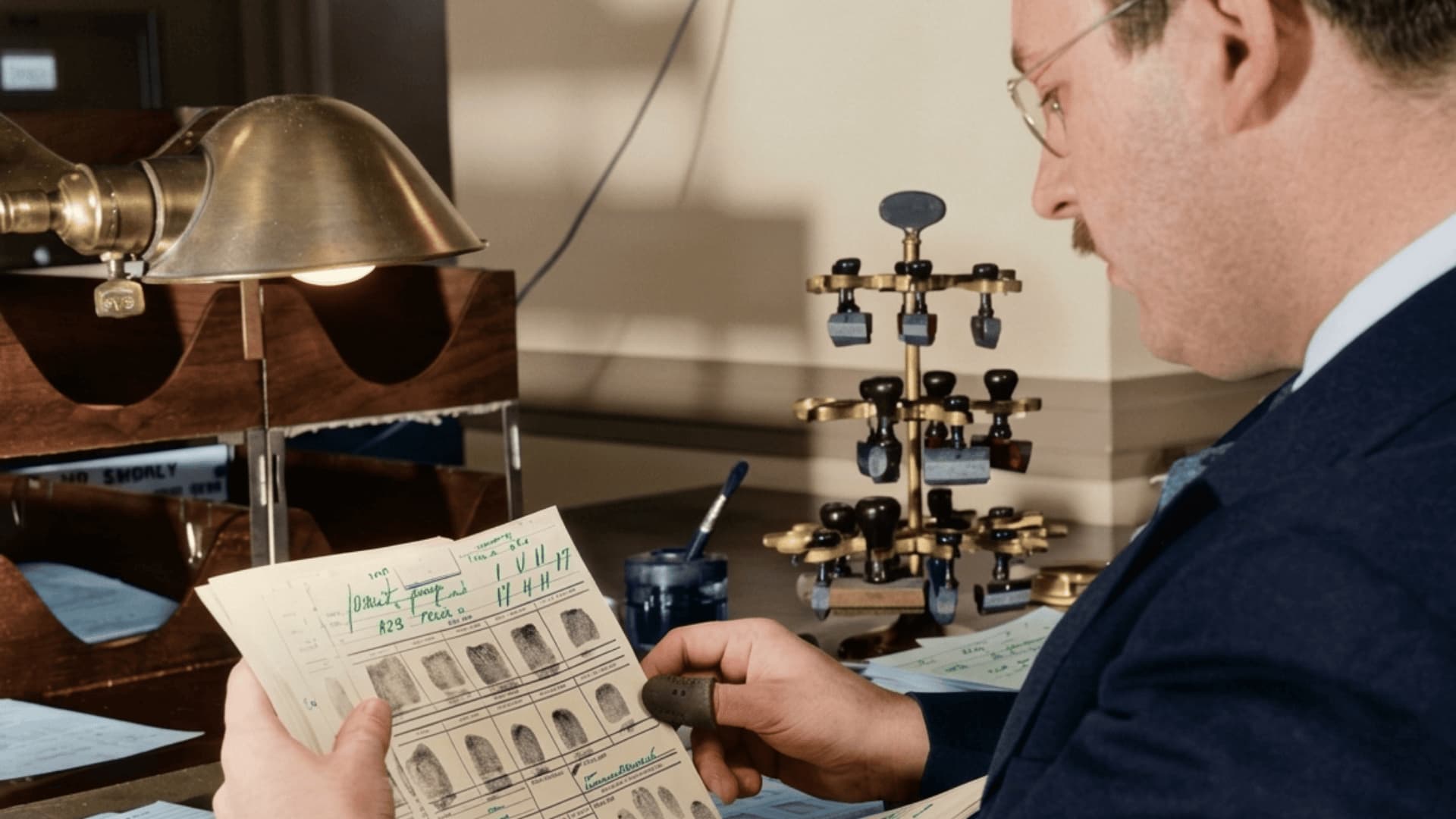 Close-up of a man doing fingerprint analysis for criminology