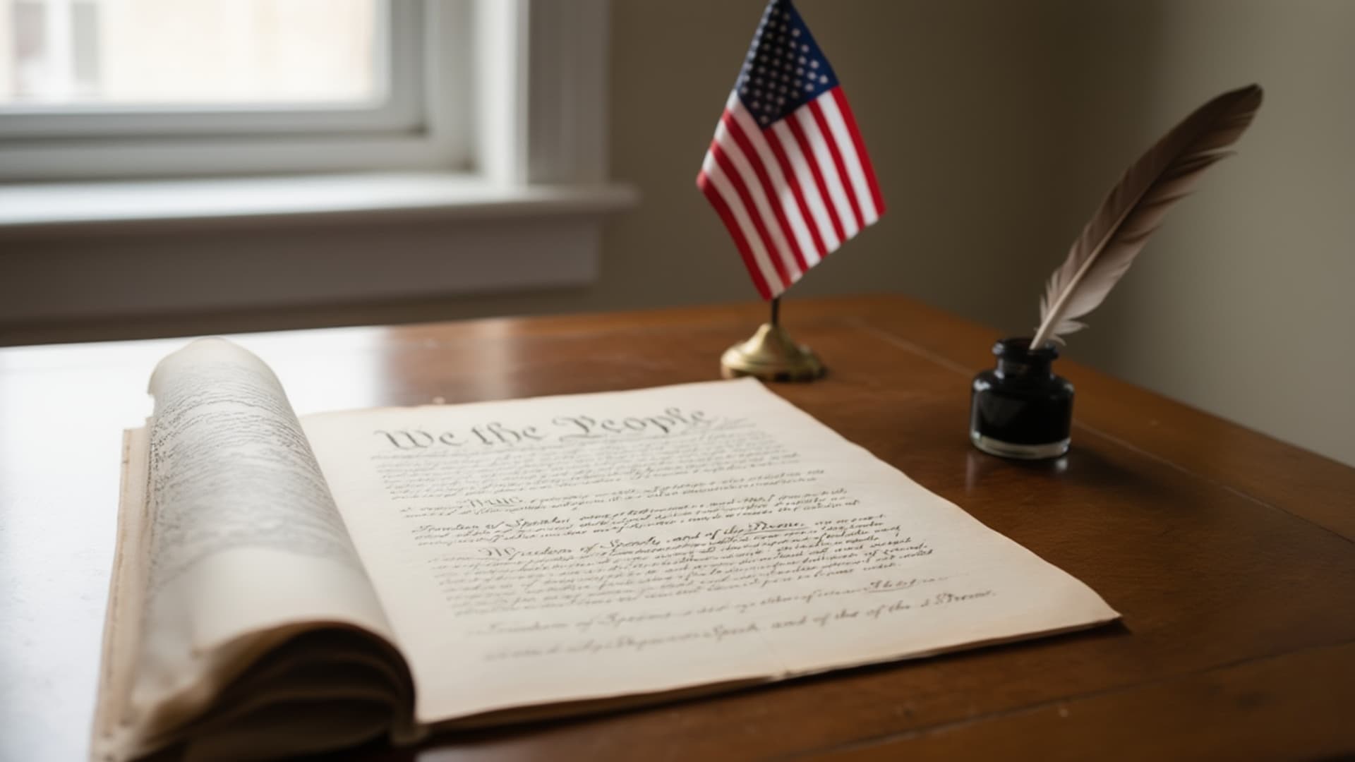 Close-up of the U.S. Constitution on a desk with a blurred American flag background