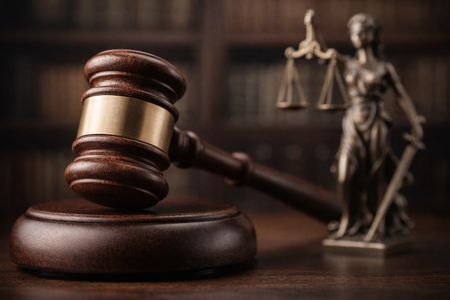 Close up of wooden law gavel on base with Lady Justice statue holding balanced scales symbolizing fairness and authority in law
