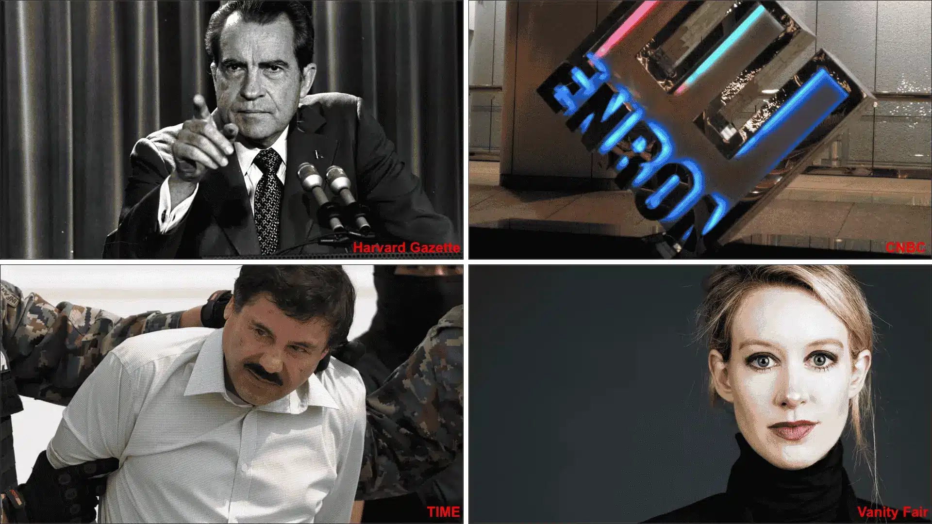 Collage of Nixon, Enron logo, El Chapo arrest, and Elizabeth Holmes representing major US conspiracy cases