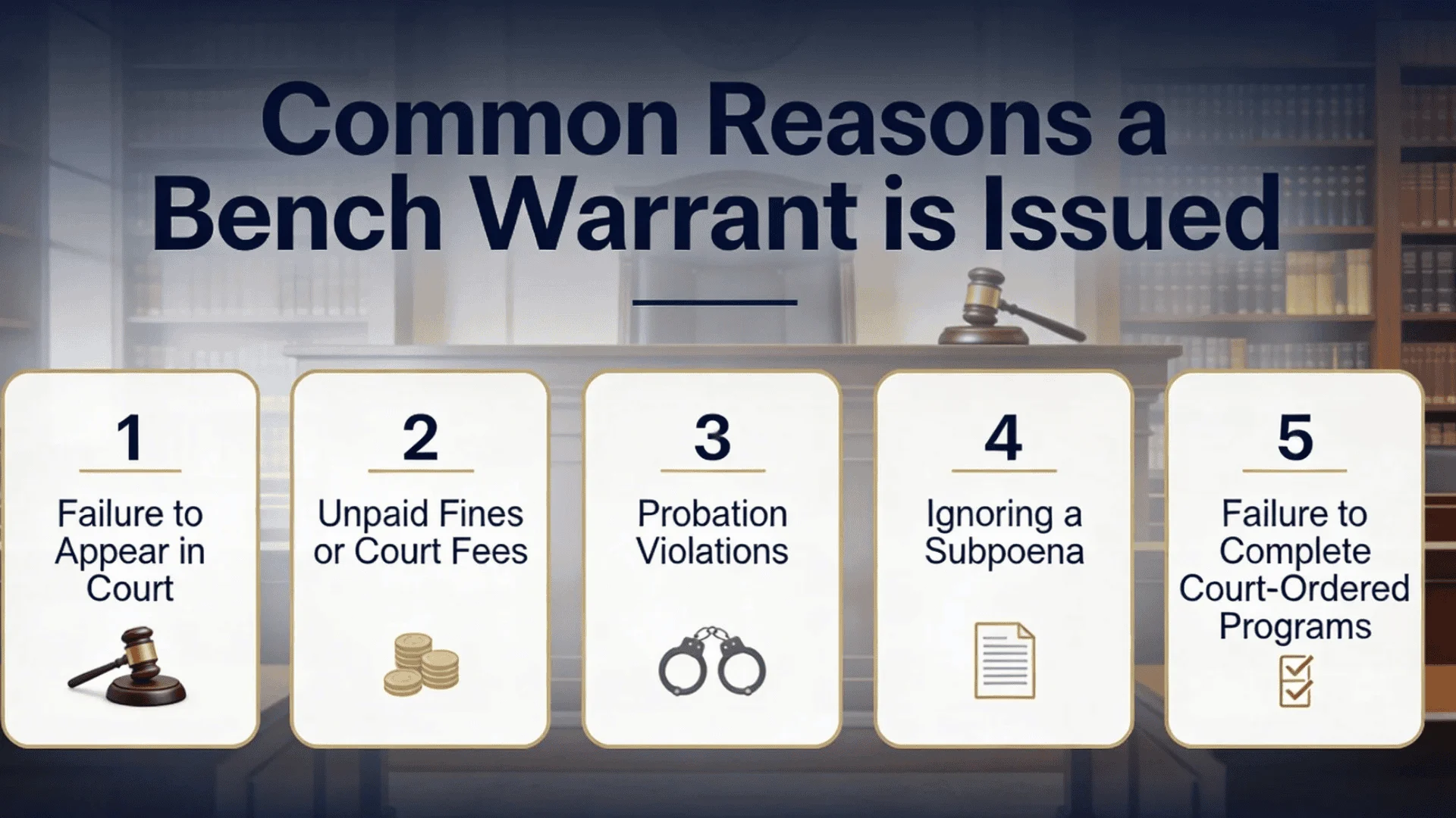 Common reasons a bench warrant is issued, including failure to appear, unpaid fines, probation violations, and subpoenas