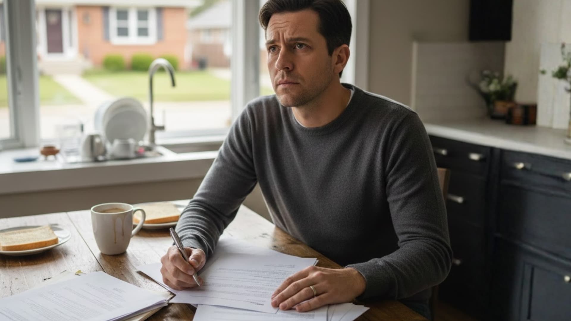 Concerned man at a kitchen table reviewing legal papers with a house visible outside