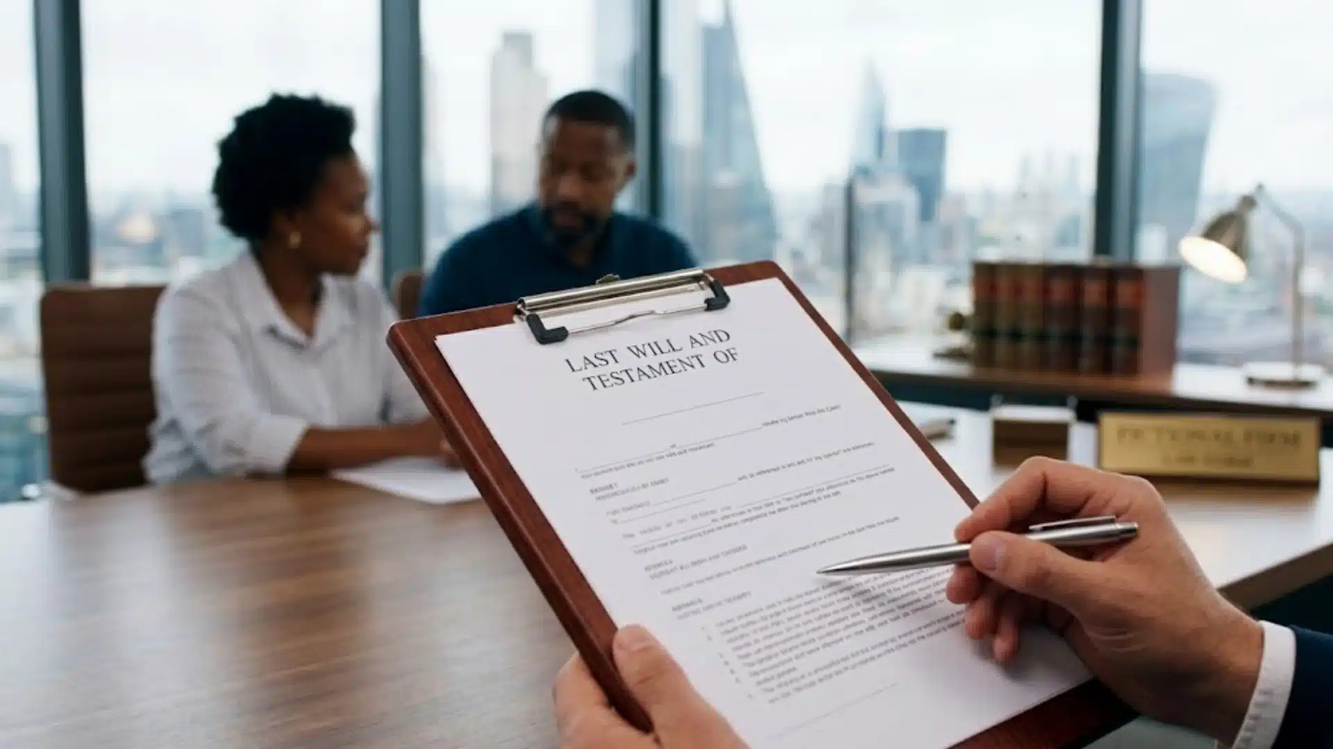 Couple reviewing last will and testament with attorney, discussing estate planning, legal advice, and inheritance decisions