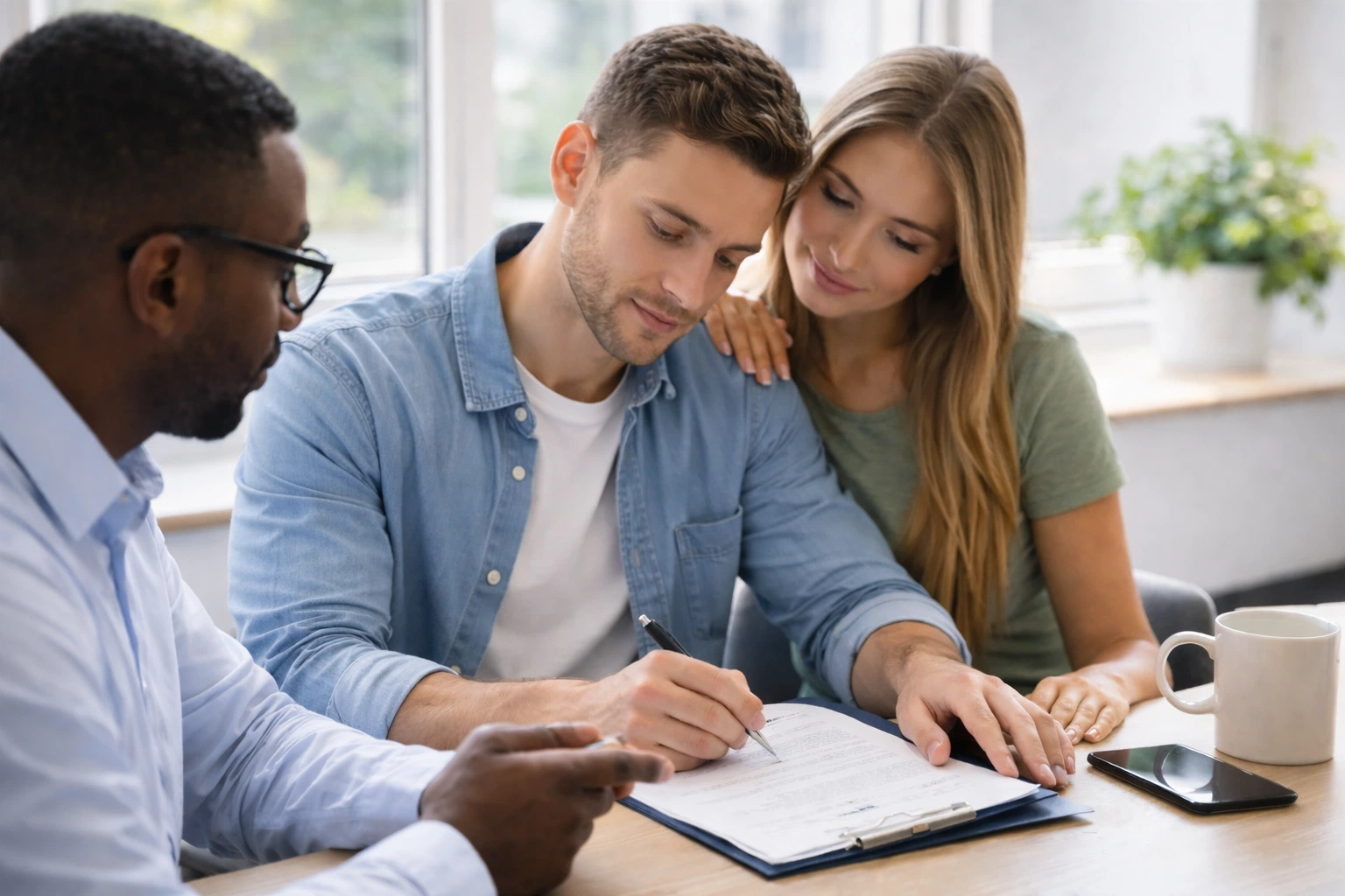 Couple reviewing trust documents with advisor regarding house inheritance and estate planning