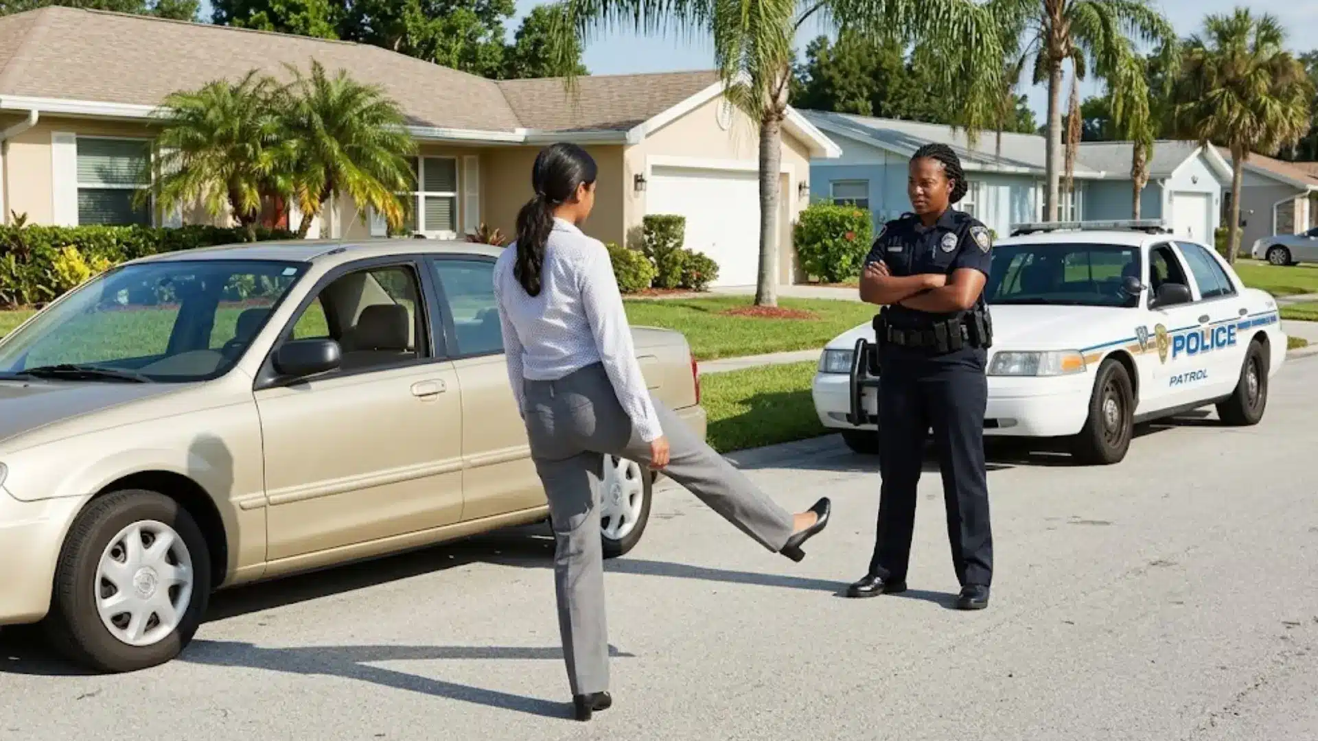 Driver performing a one leg stand field sobriety test while police officer observes during roadside traffic stop
