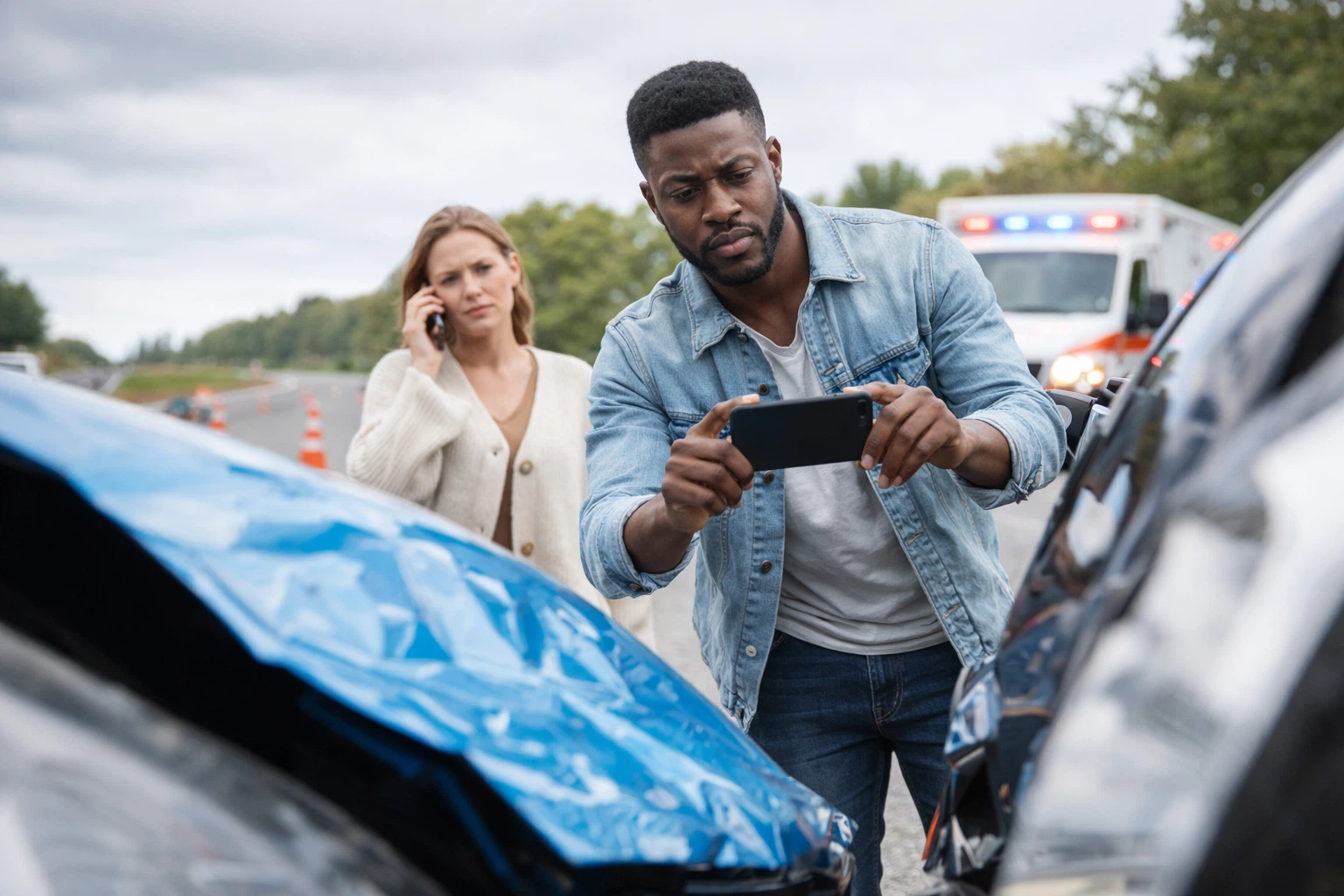 Driver taking photos of car damage after crash with emergency vehicle in background