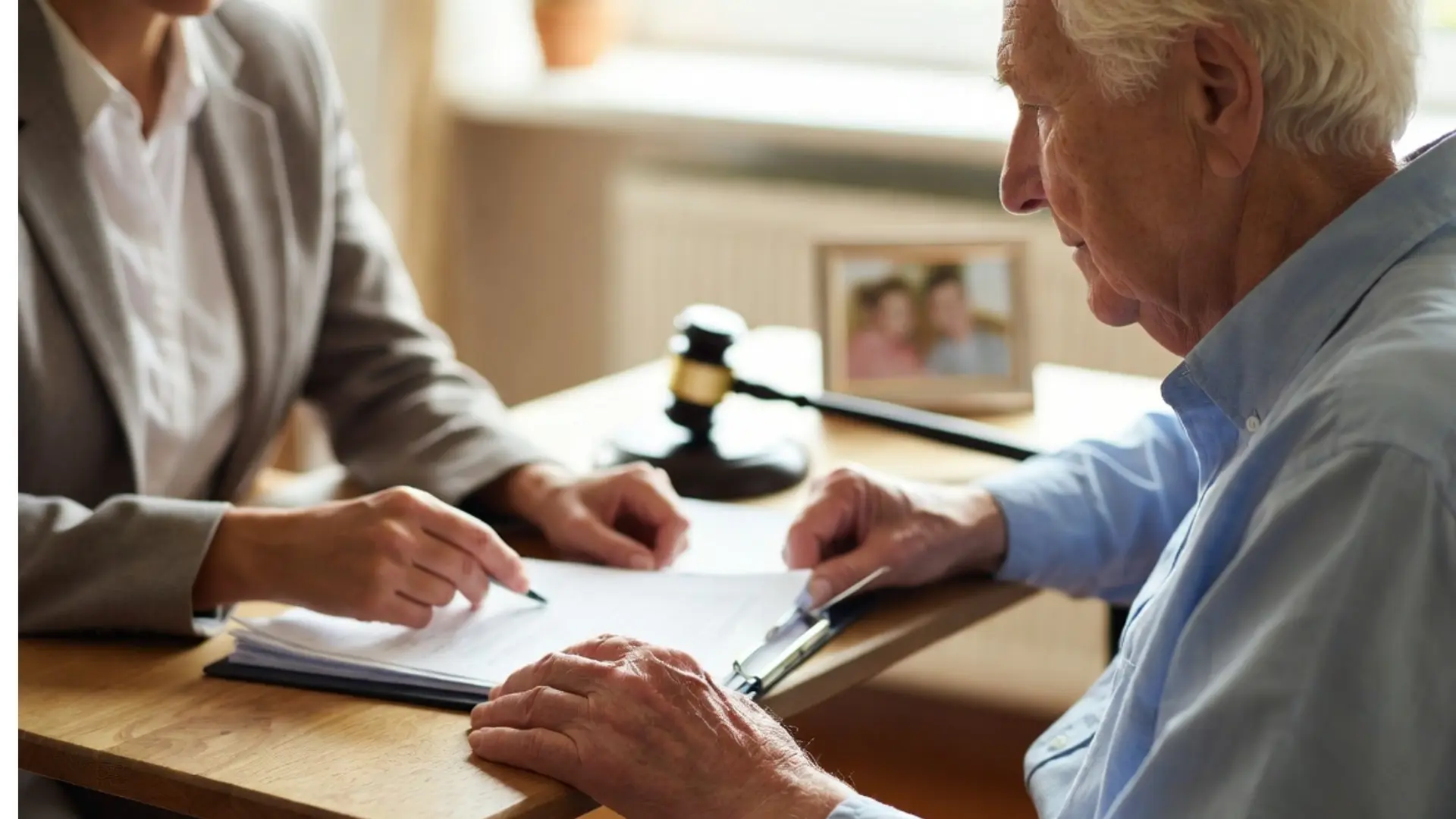 Elderly man reviews legal documents with advisor at desk, gavel and family photo in background