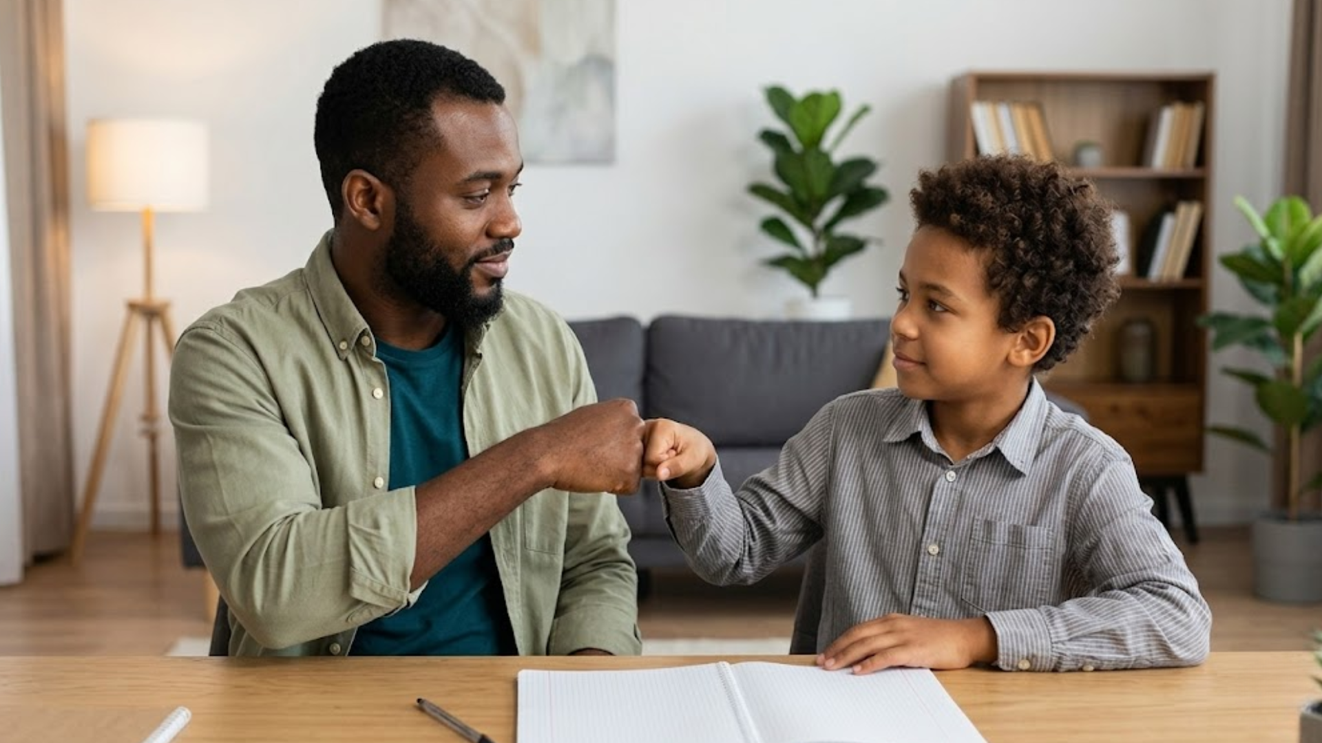 Father and son sitting at table, smiling and fist bumping while doing homework together in a calm home setting