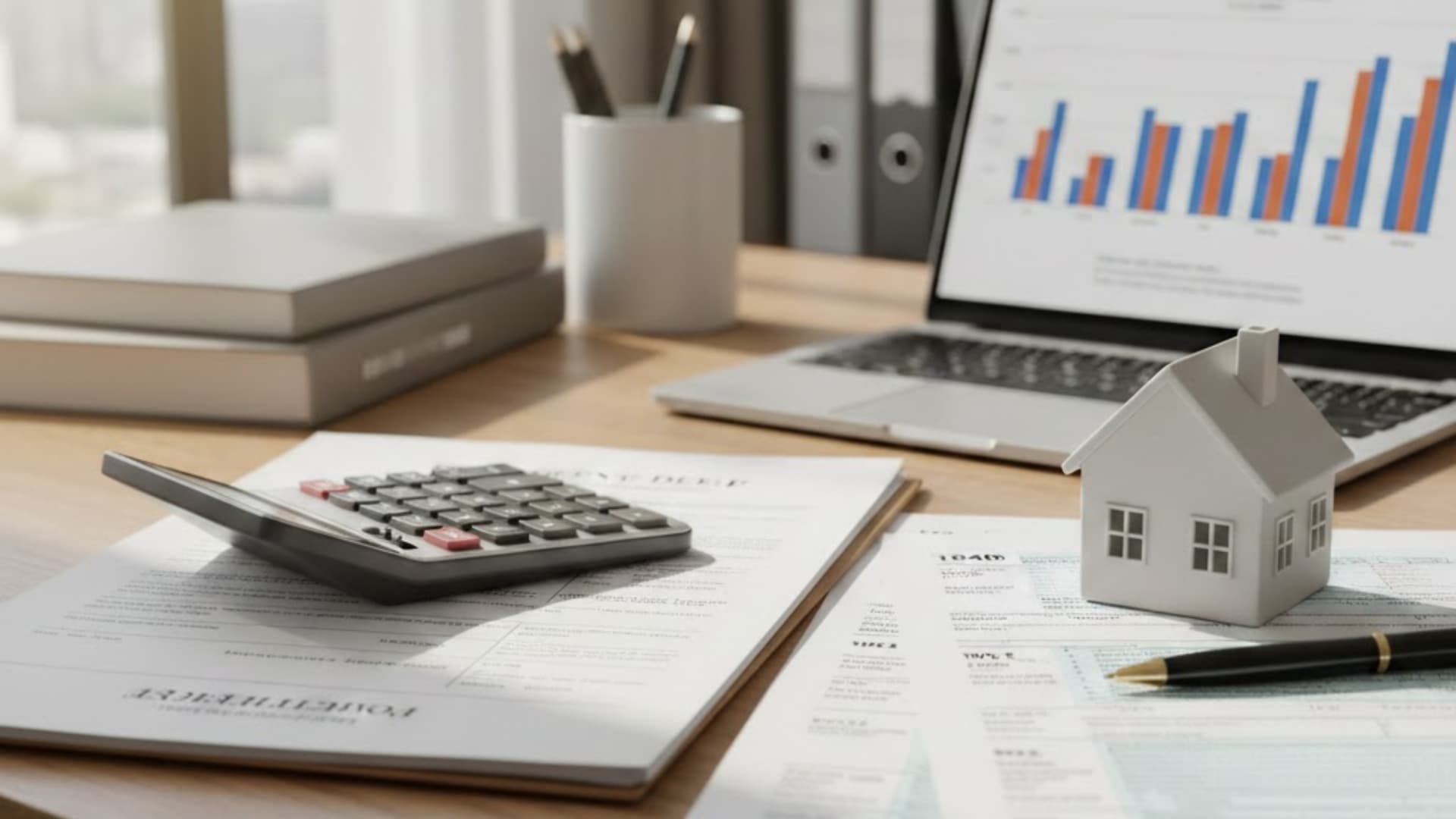 Financial planning workspace with a laptop, calculator, house model, and property documents in daylight