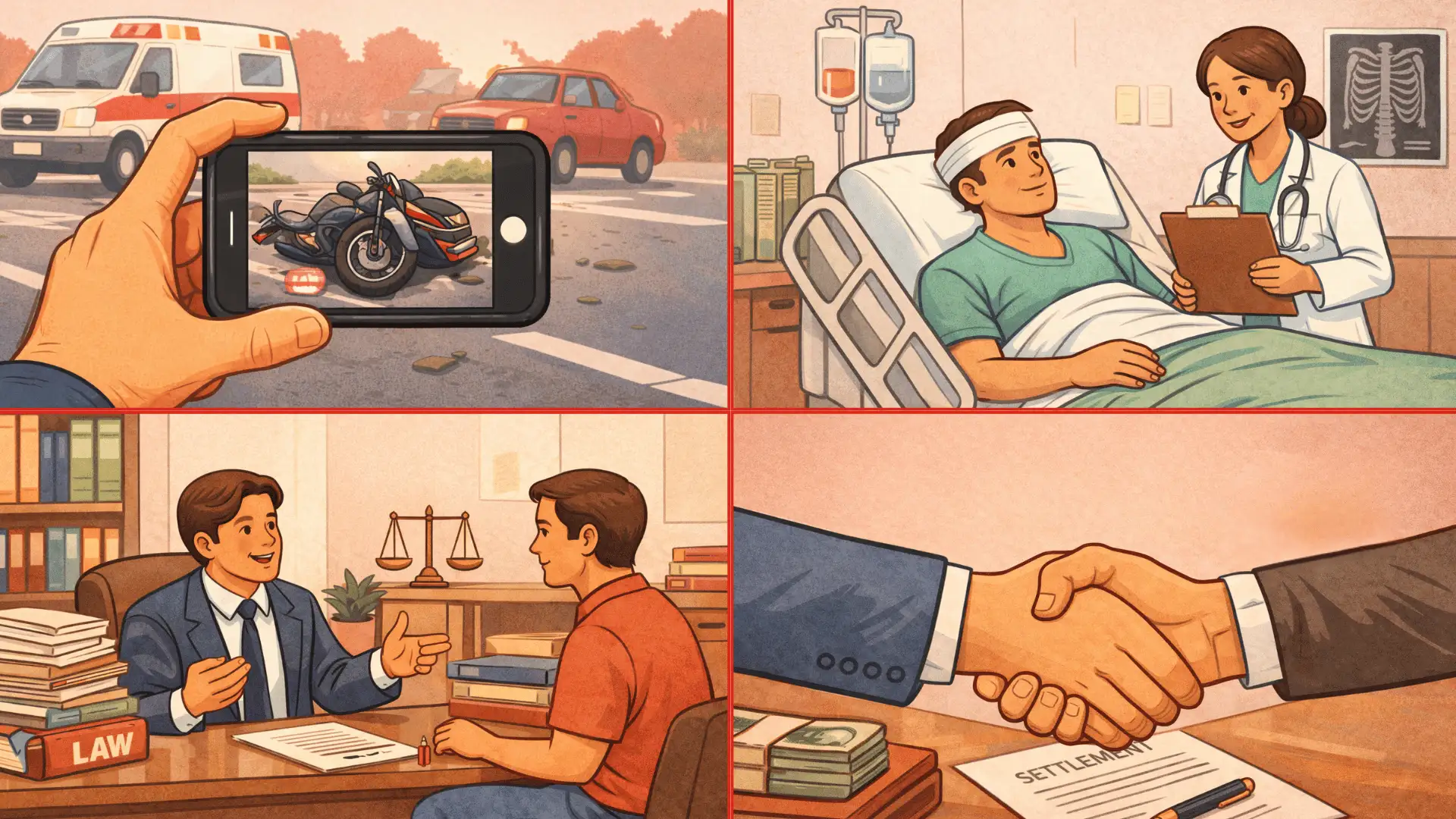 Four panel illustration showing the process to get a motorcycle accident compensation