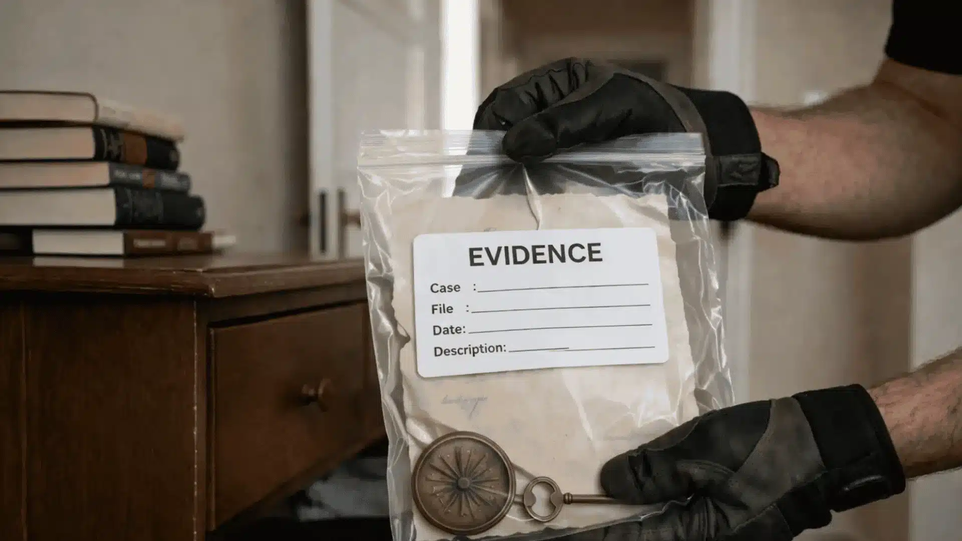 Gloved hands holding labeled evidence bag with documents and antique item taken from drawer during investigation