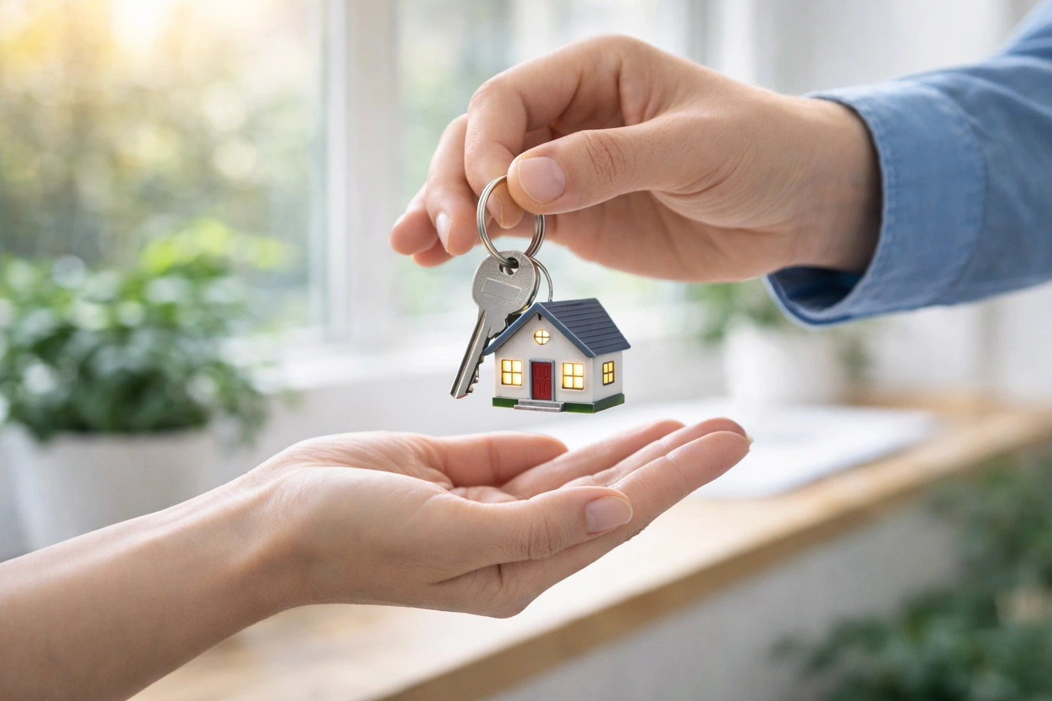 Hand giving house key with small home keychain symbolizing property purchase or homeownership
