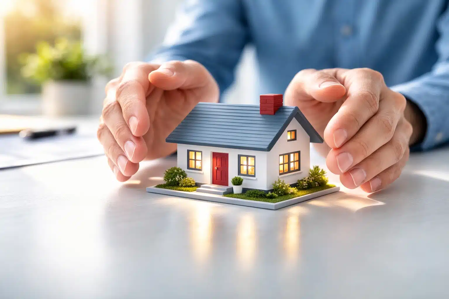 Hands protecting small model house representing home insurance and property protection concept