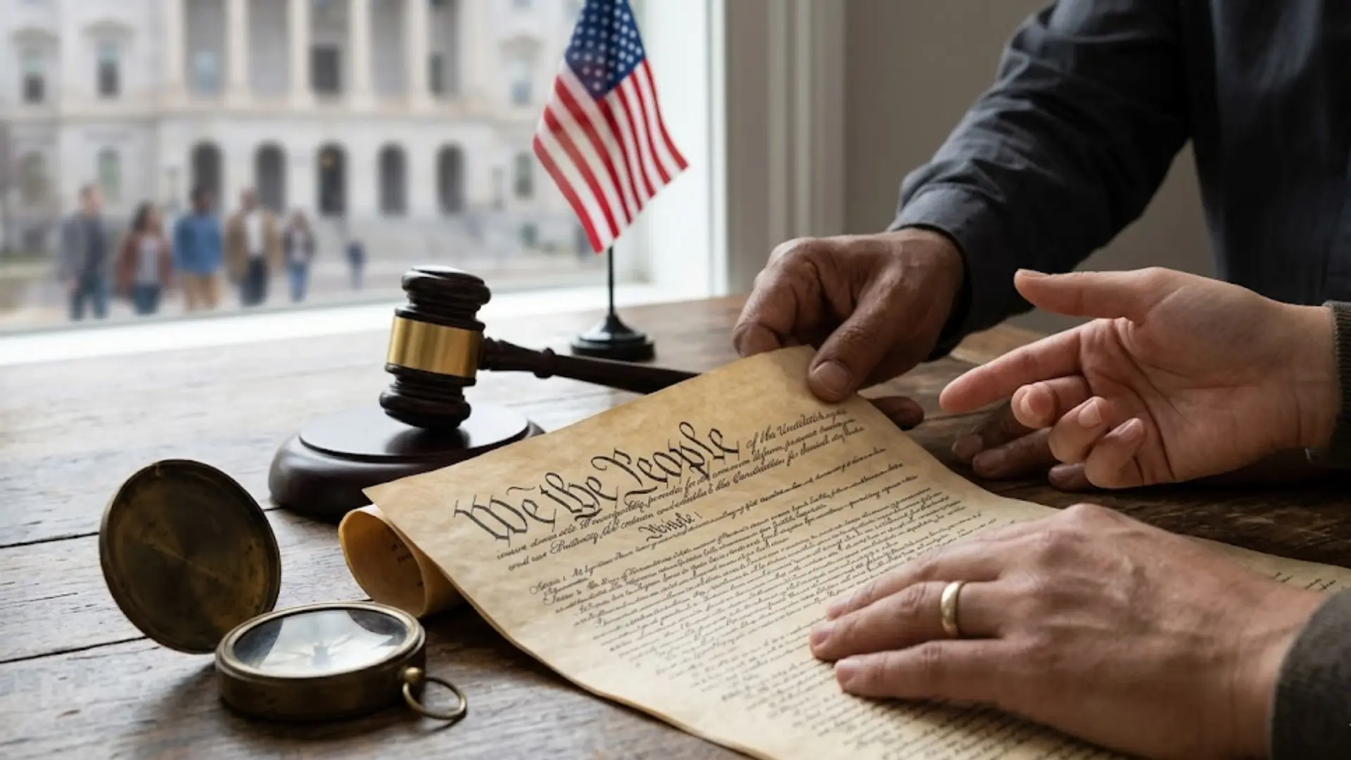 Hands reviewing US Constitution document with gavel and American flag on desk