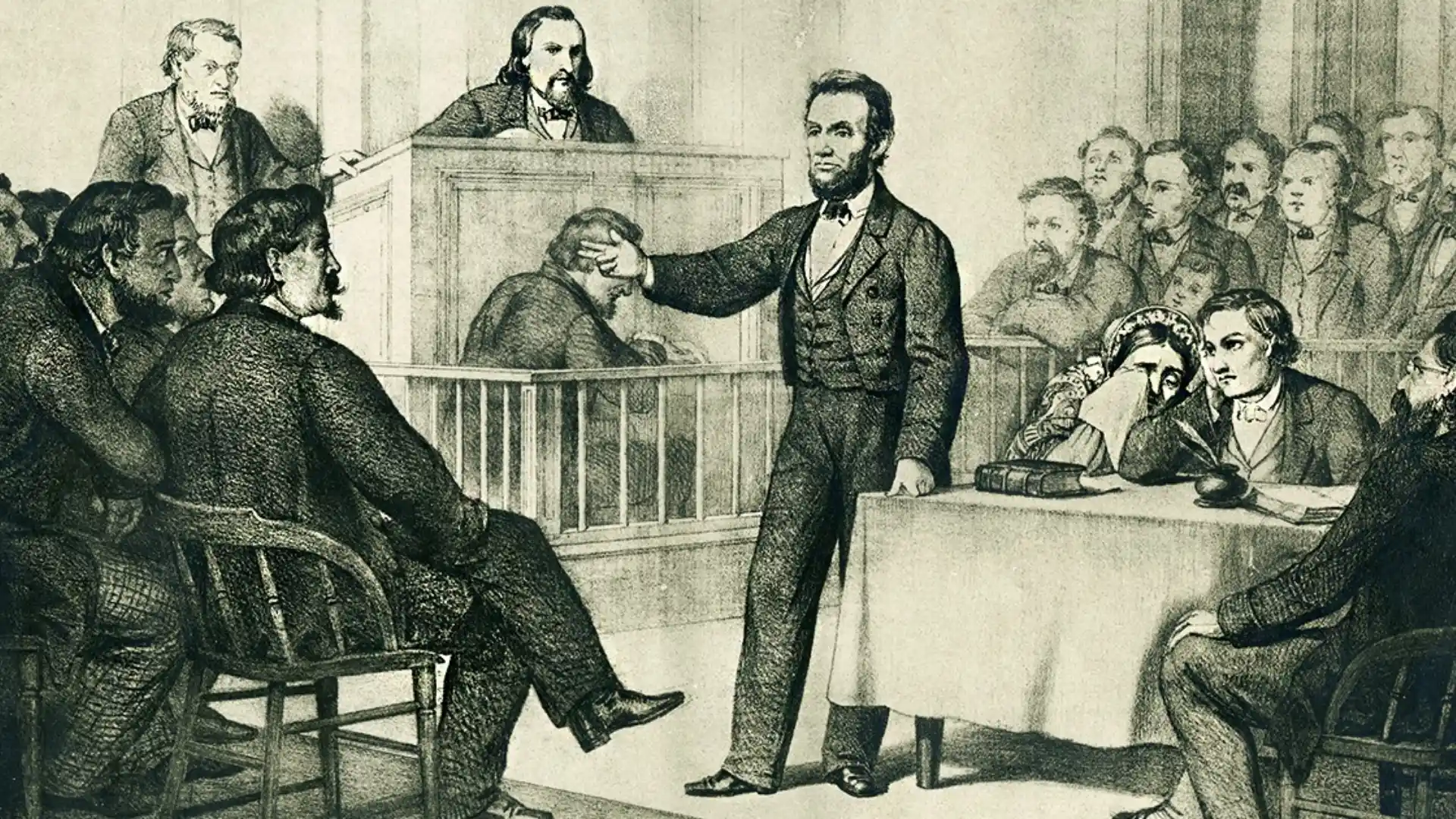 Illustration of Abraham Lincoln delivering a courtroom defense during an 1850s murder trial.